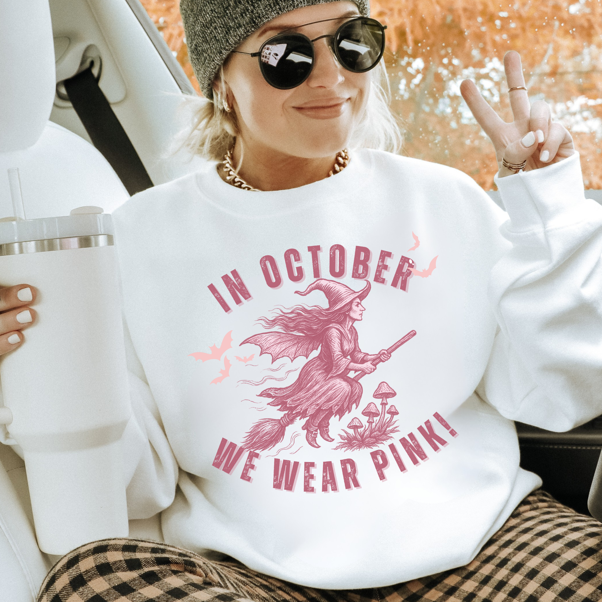 Personalized In October We Wear Pink Hoodie – Breast Cancer Awareness Witch Sweatshirt