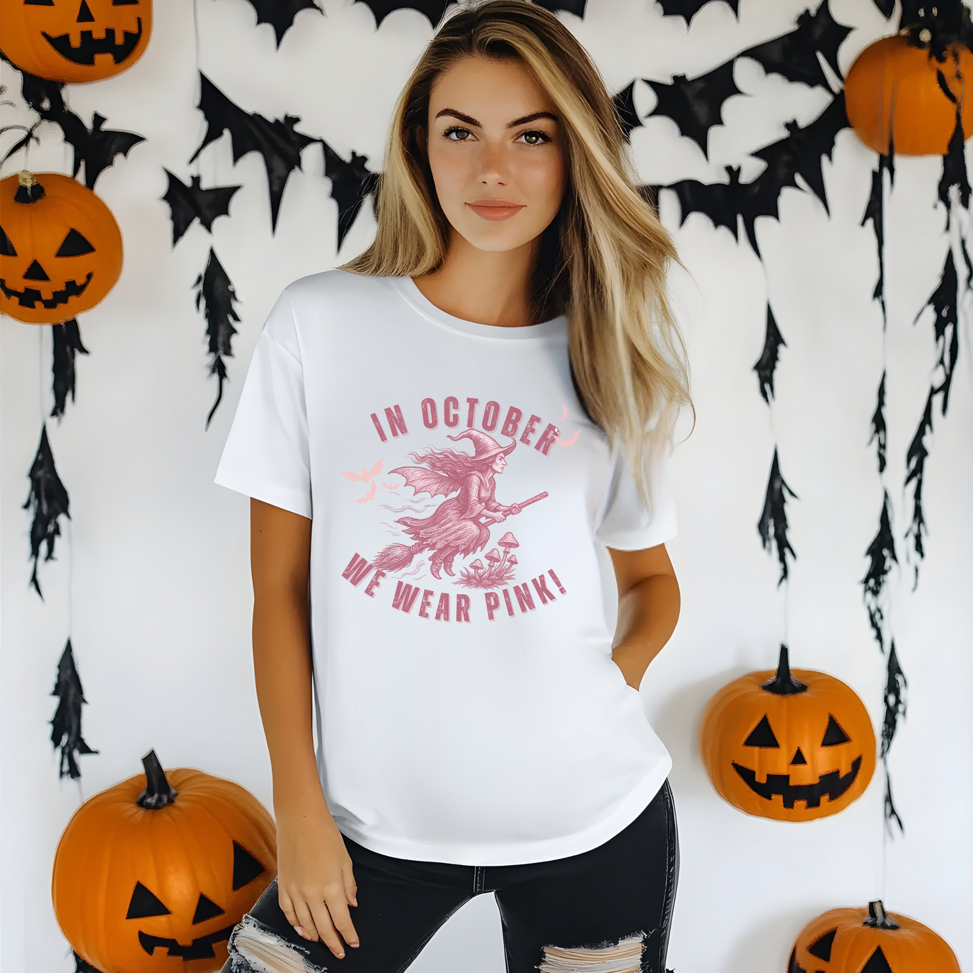 In October We Wear Pink – Comfort Colors Breast Cancer Awareness Witch Shirt