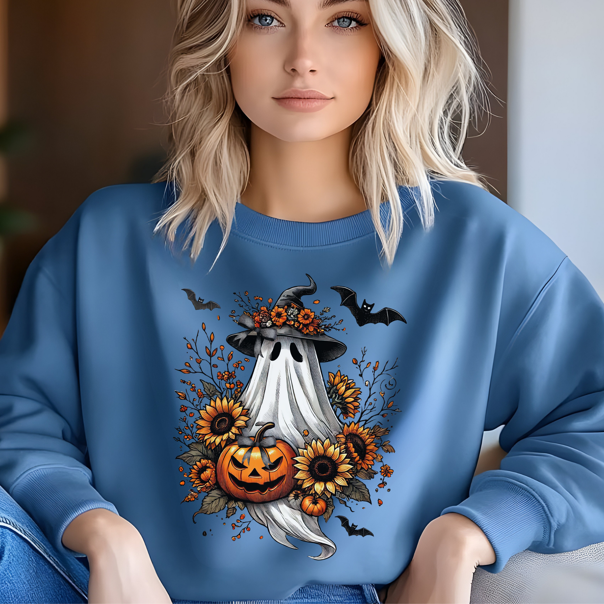 Vintage Boho Halloween Ghost Sweatshirt – Sunflowers & Bows – Cozy Fall Ghost Pullover for Autumn Lovers