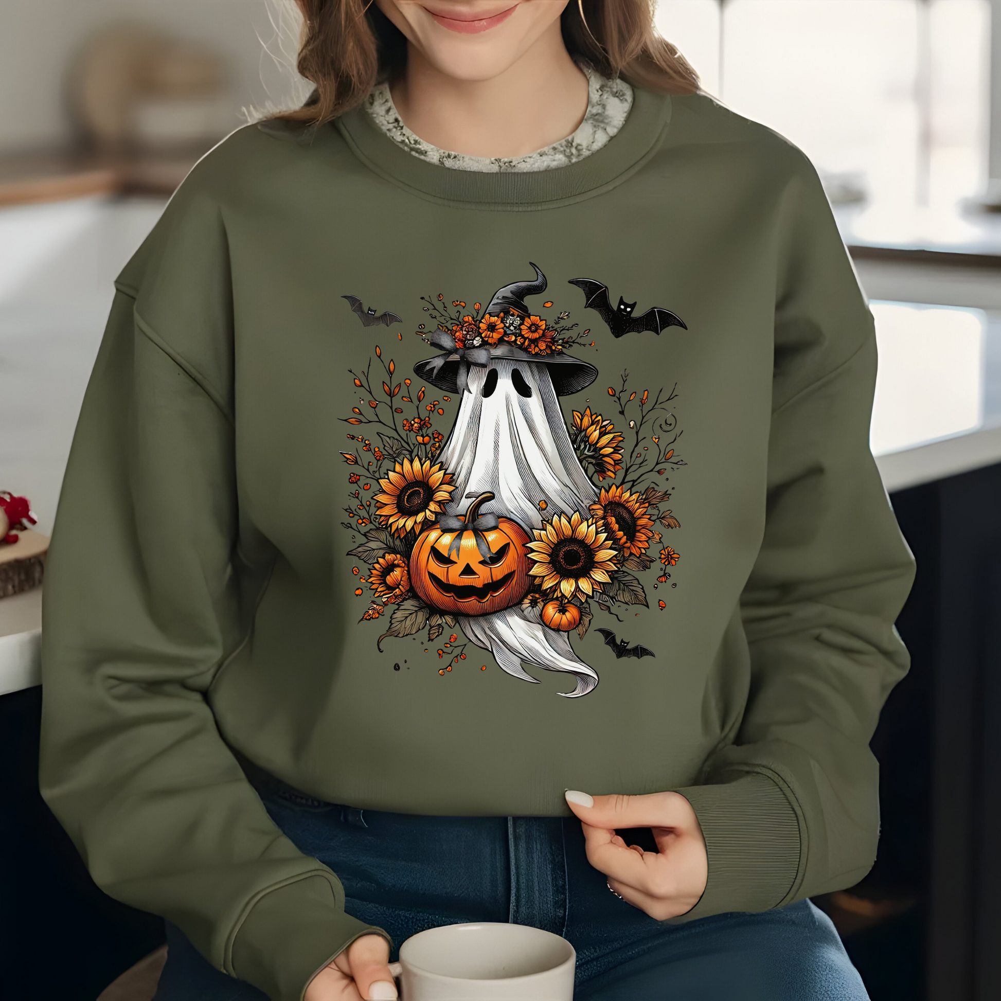 Vintage Boho Halloween Ghost Sweatshirt – Sunflowers & Bows – Cozy Fall Ghost Pullover for Autumn Lovers