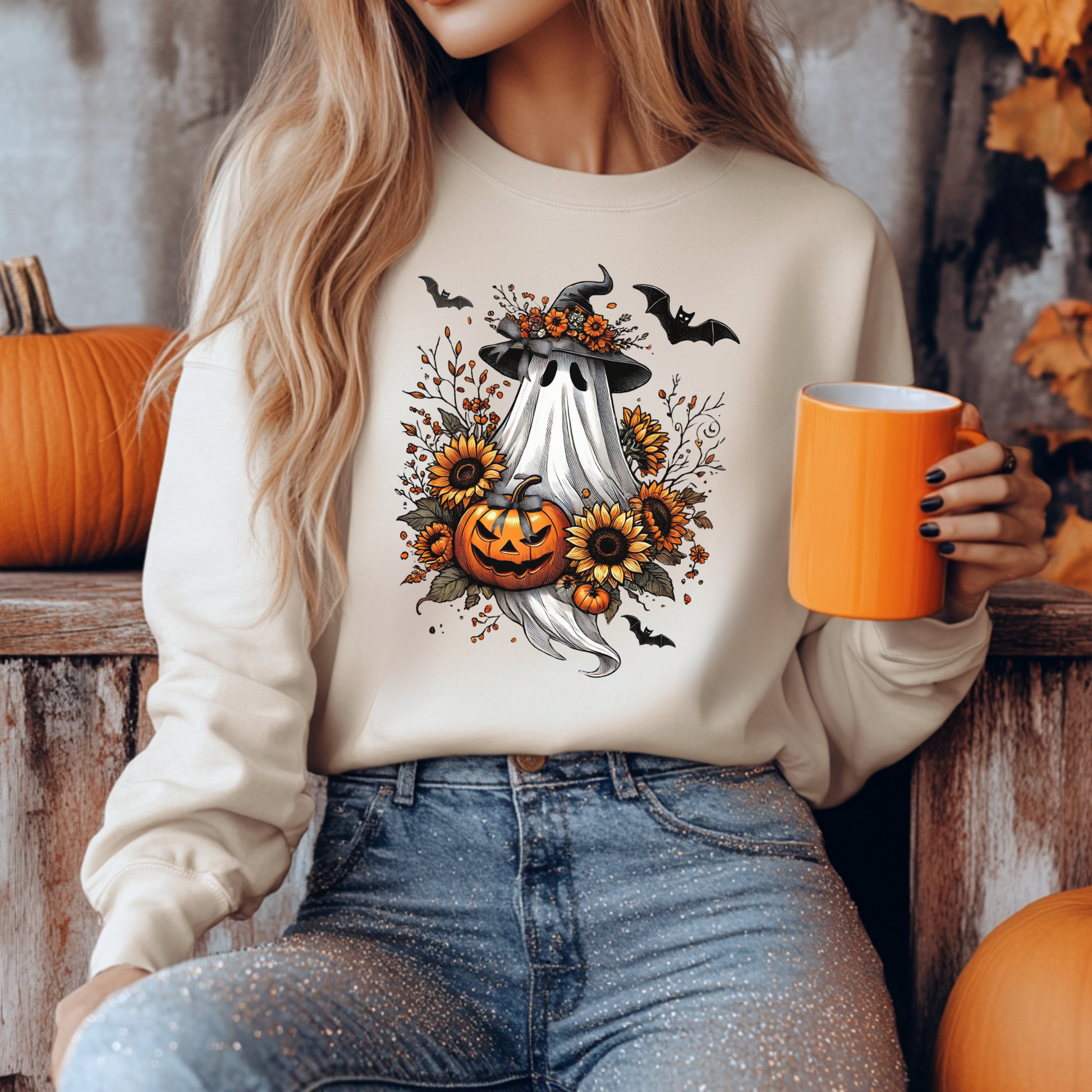 Vintage Boho Halloween Ghost Sweatshirt – Sunflowers & Bows – Cozy Fall Ghost Pullover for Autumn Lovers