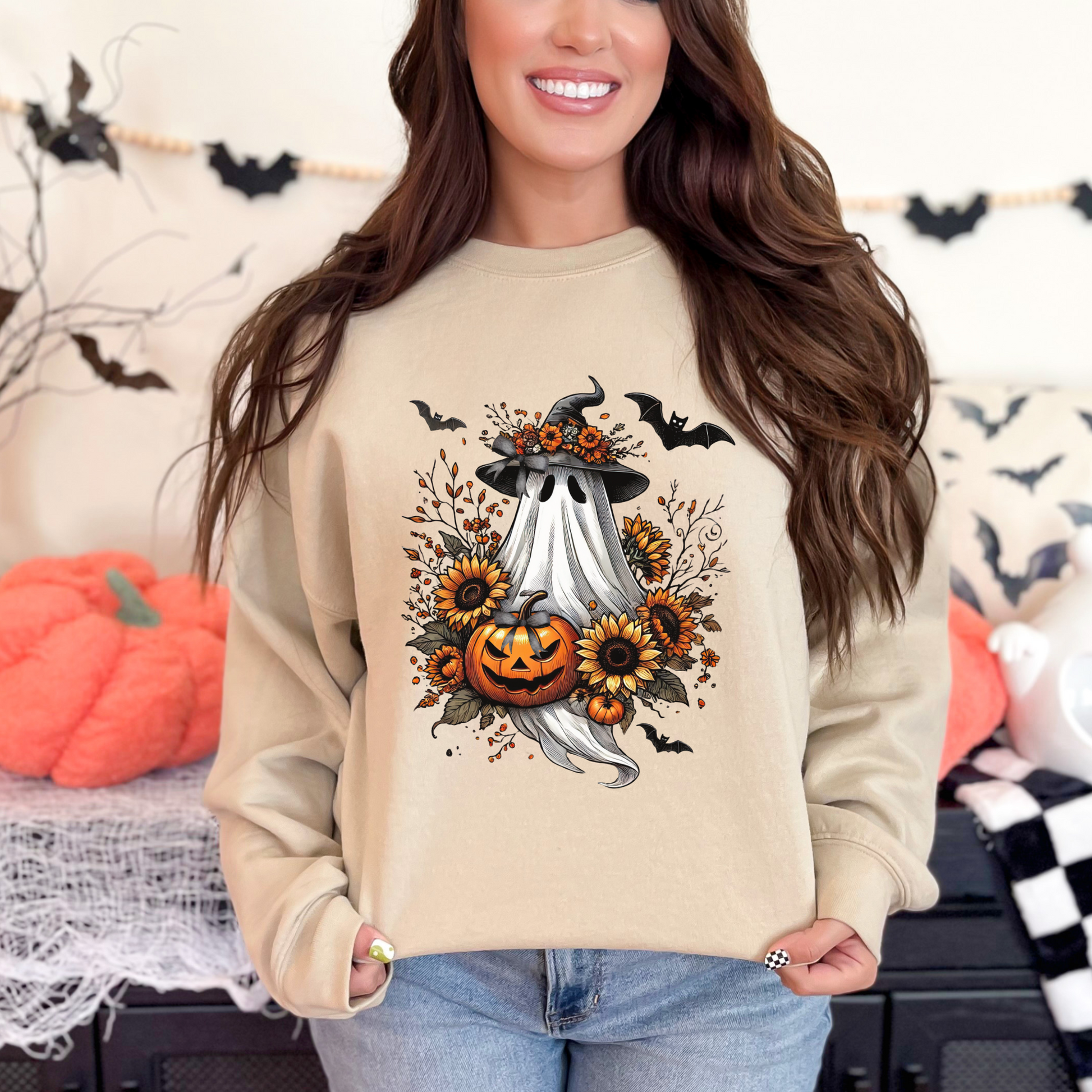 Vintage Boho Halloween Ghost Sweatshirt – Sunflowers & Bows – Cozy Fall Ghost Pullover for Autumn Lovers