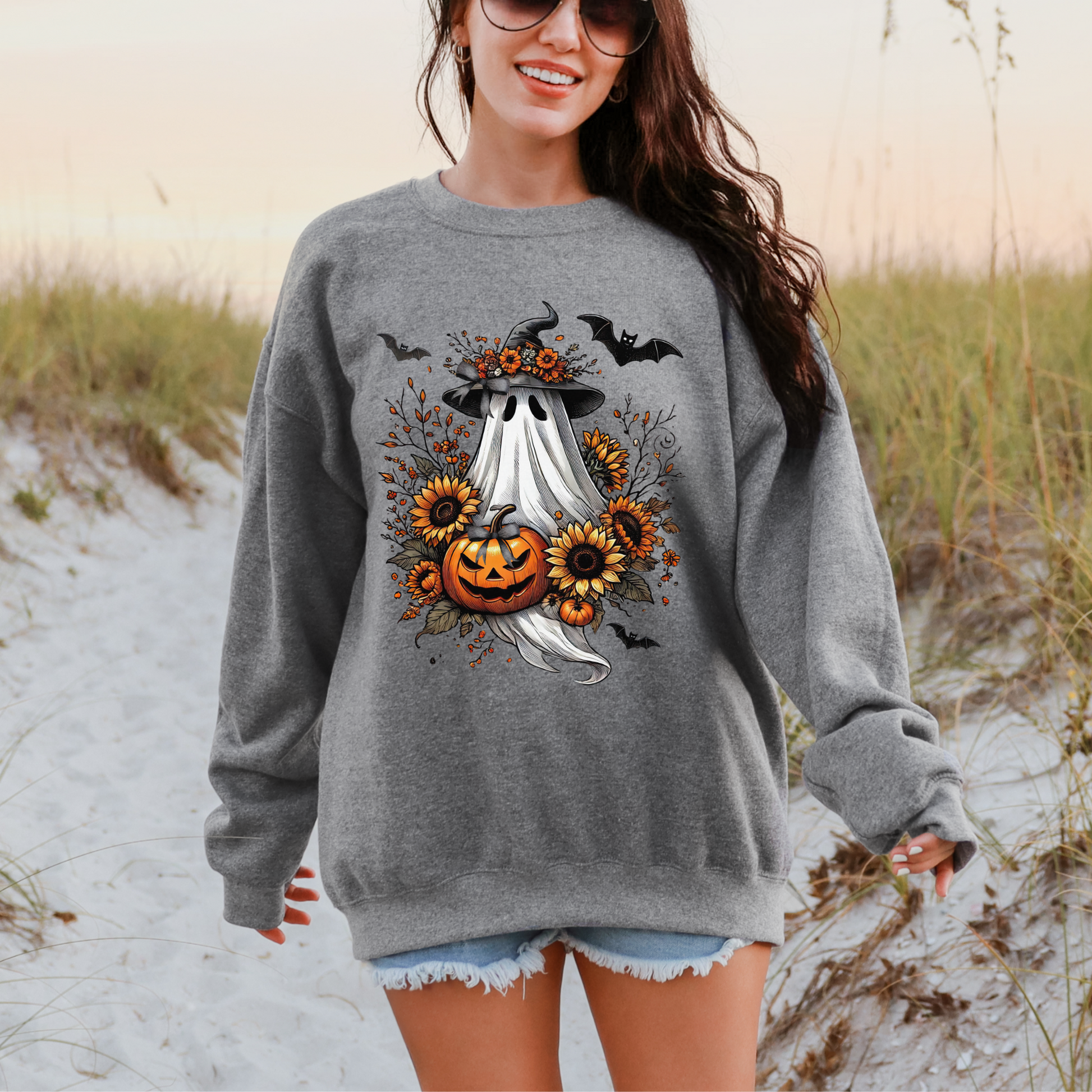 Vintage Boho Halloween Ghost Sweatshirt – Sunflowers & Bows – Cozy Fall Ghost Pullover for Autumn Lovers