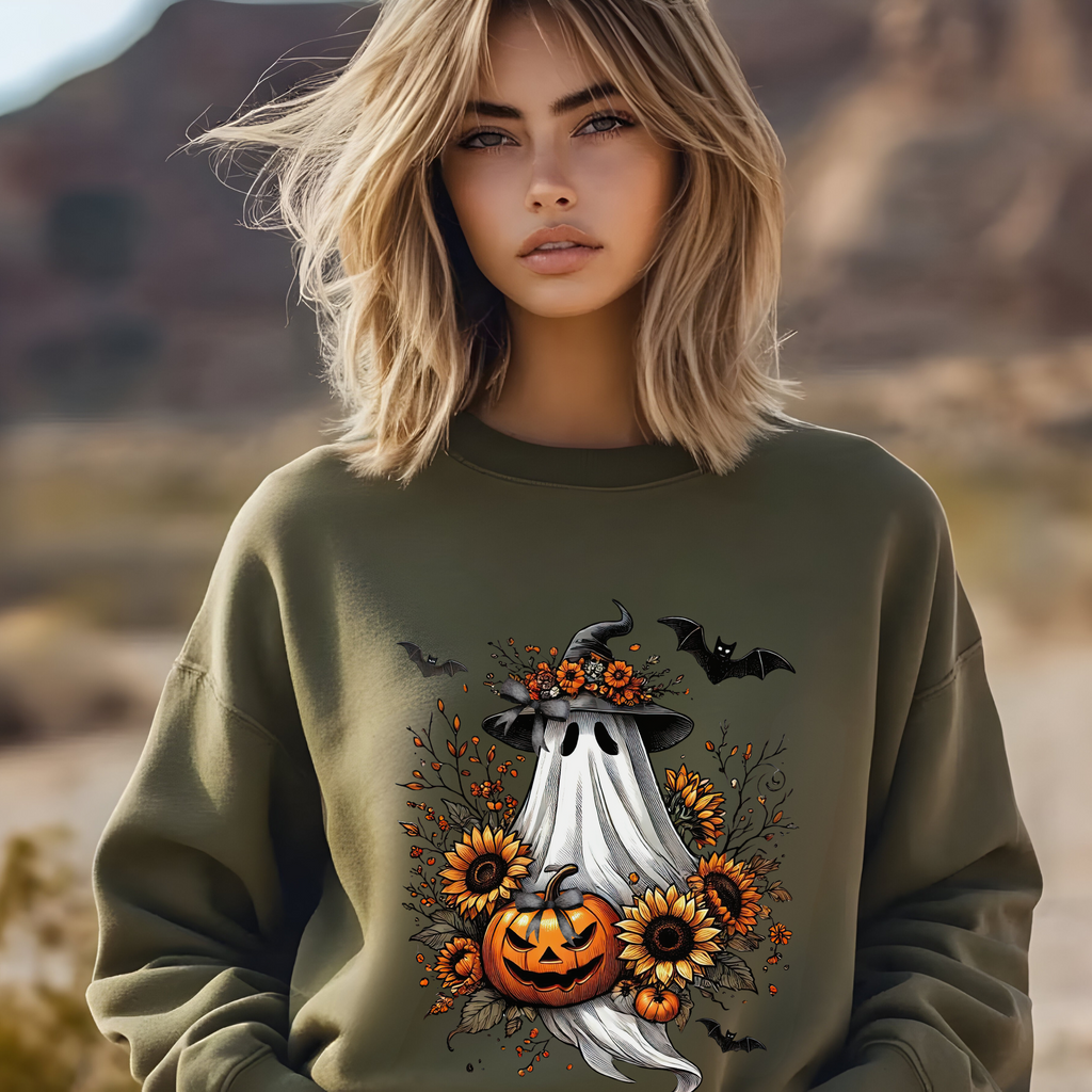 Vintage Boho Halloween Ghost Sweatshirt – Sunflowers & Bows – Cozy Fall Ghost Pullover for Autumn Lovers