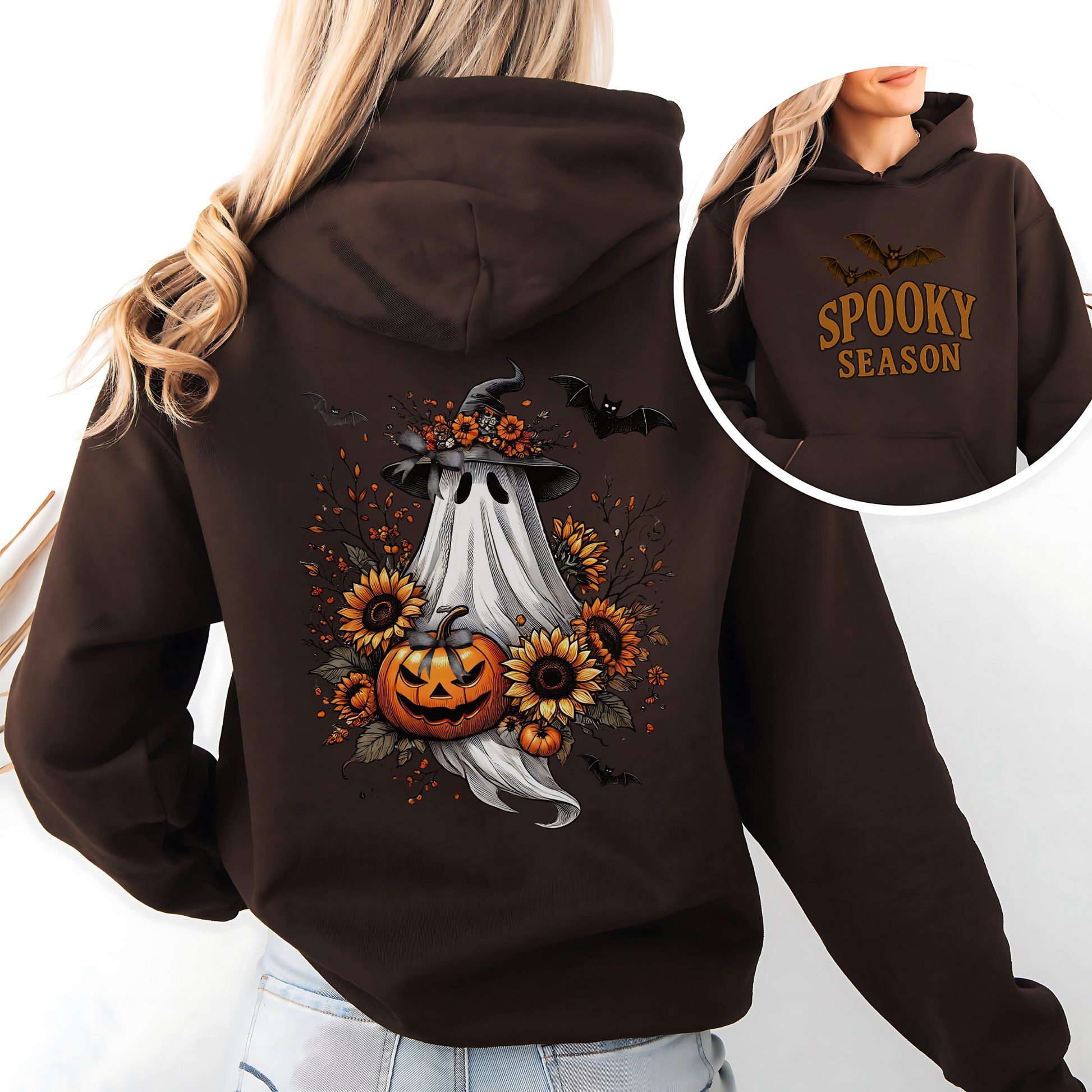 Cozy Spooky Season Hoodie with Ghost & Pumpkin Design, Halloween Gift, Unisex Sweatshirt, Fall Fashion, Pumpkin Spice Vibes, Coquette Halloween
