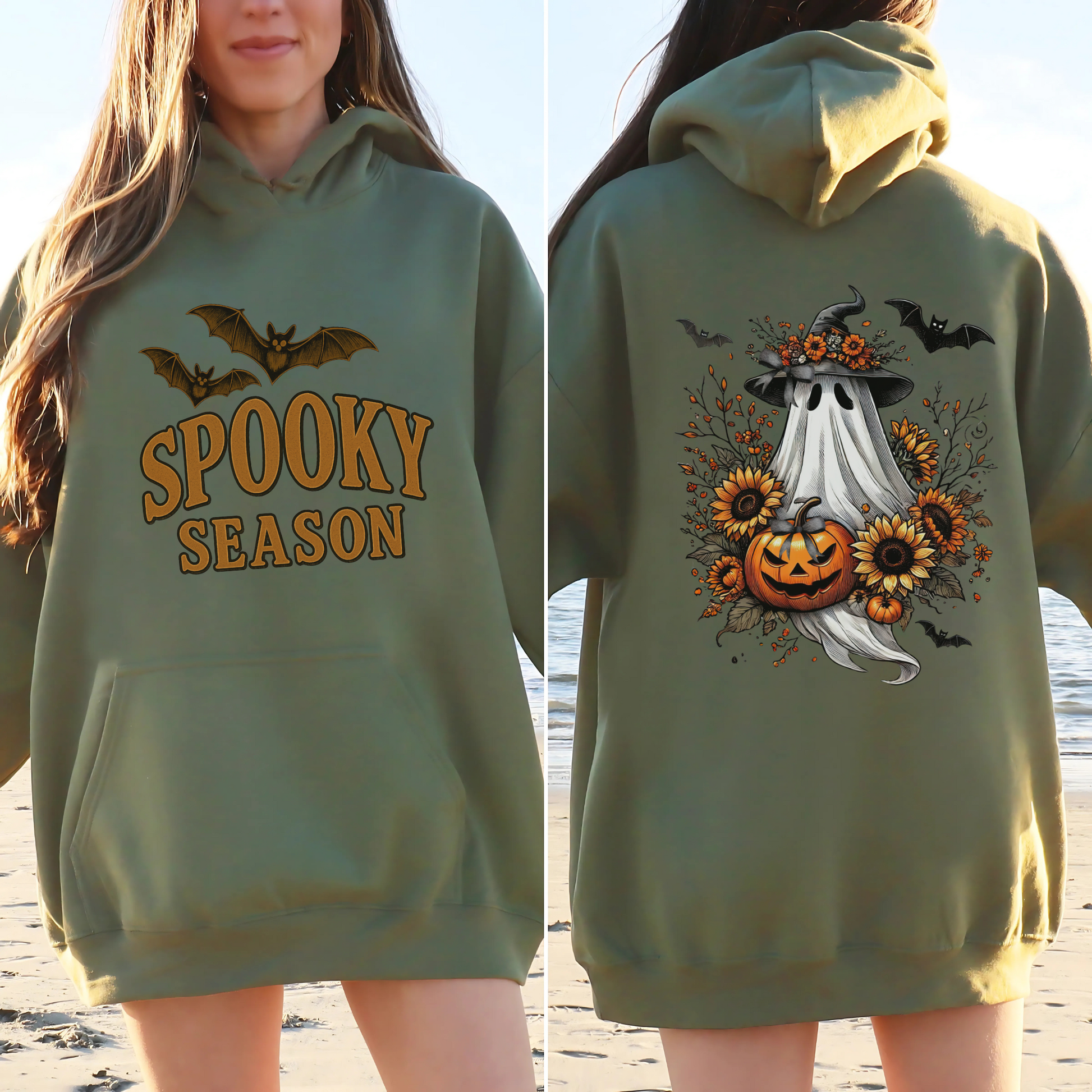 Cozy Spooky Season Hoodie with Ghost & Pumpkin Design, Halloween Gift, Unisex Sweatshirt, Fall Fashion, Pumpkin Spice Vibes, Coquette Halloween