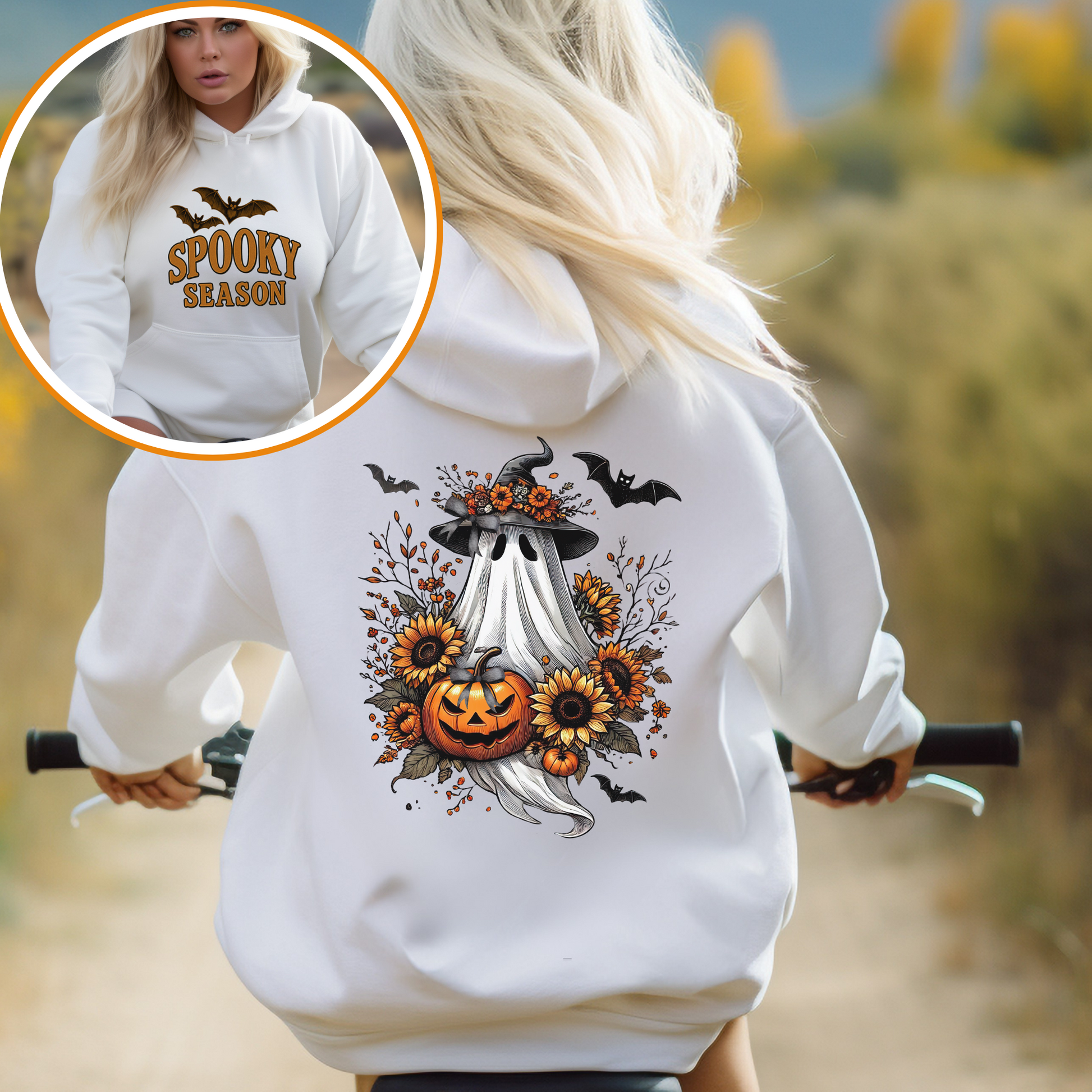 Cozy Spooky Season Hoodie with Ghost & Pumpkin Design, Halloween Gift, Unisex Sweatshirt, Fall Fashion, Pumpkin Spice Vibes, Coquette Halloween