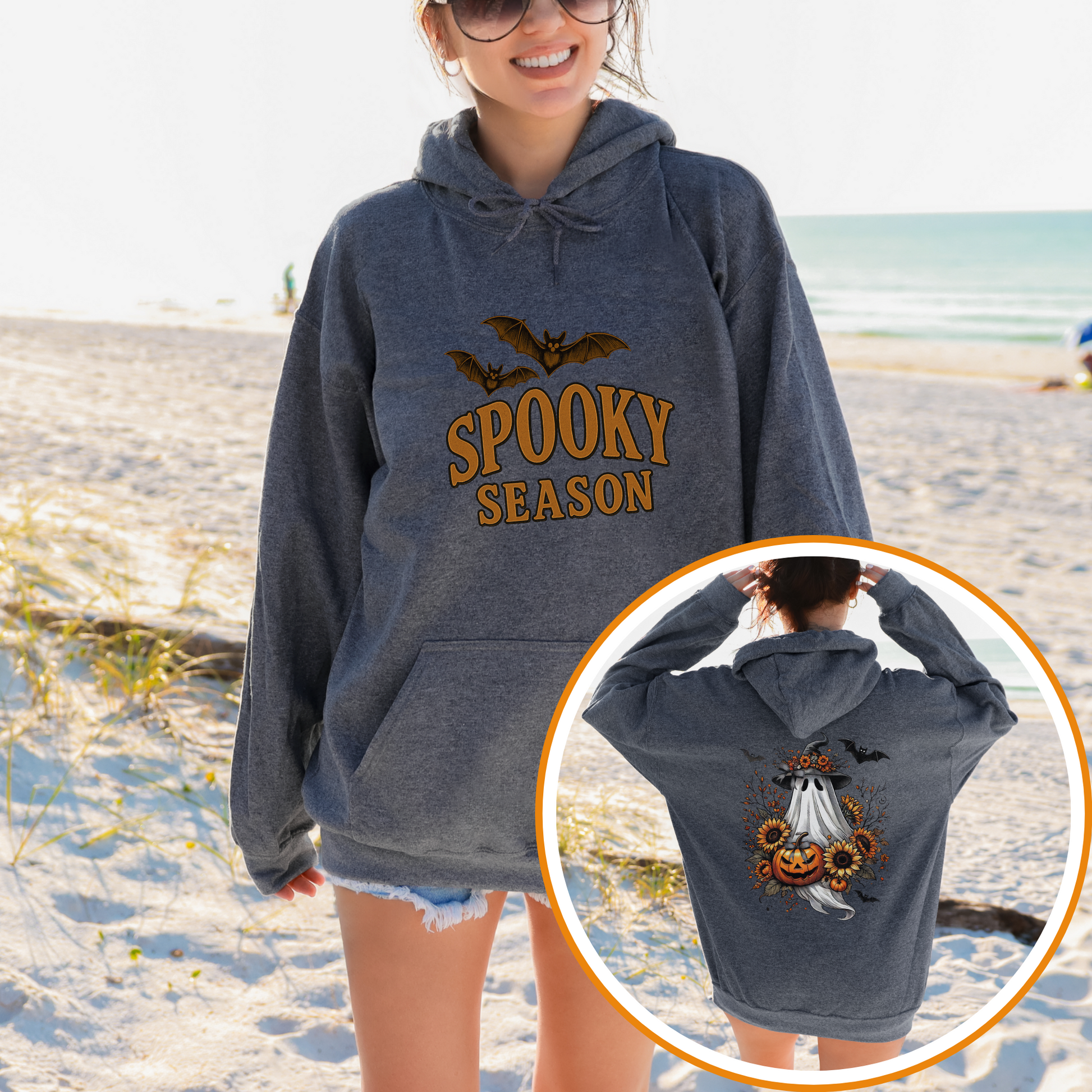 Cozy Spooky Season Hoodie with Ghost & Pumpkin Design, Halloween Gift, Unisex Sweatshirt, Fall Fashion, Pumpkin Spice Vibes, Coquette Halloween
