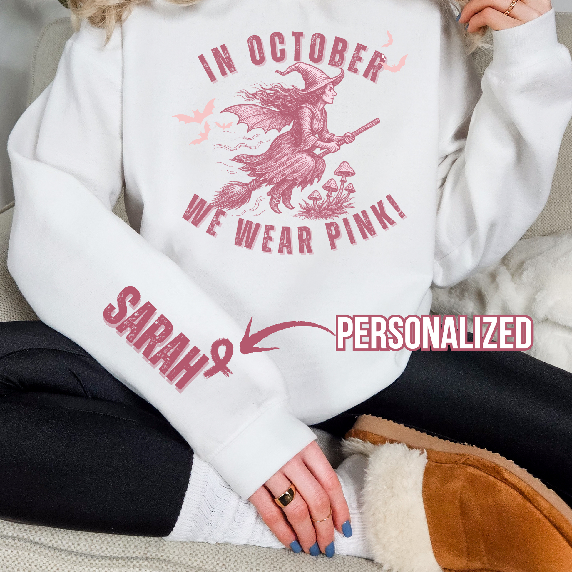 Custom In October We Wear Pink Hoodie – Breast Cancer Awareness Witch Sweatshirt