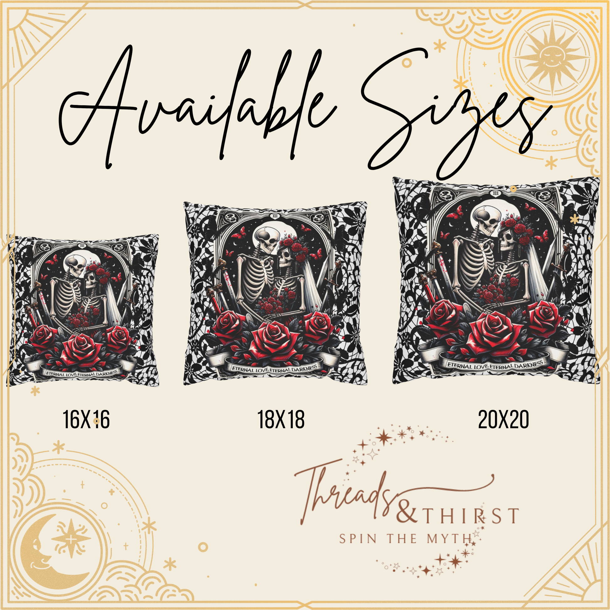 Gothic “Till Death” Tarot Pillow Cover – Haunted Church Scene with Romantic Skeleton Couple – Halloween Gothic Home Décor