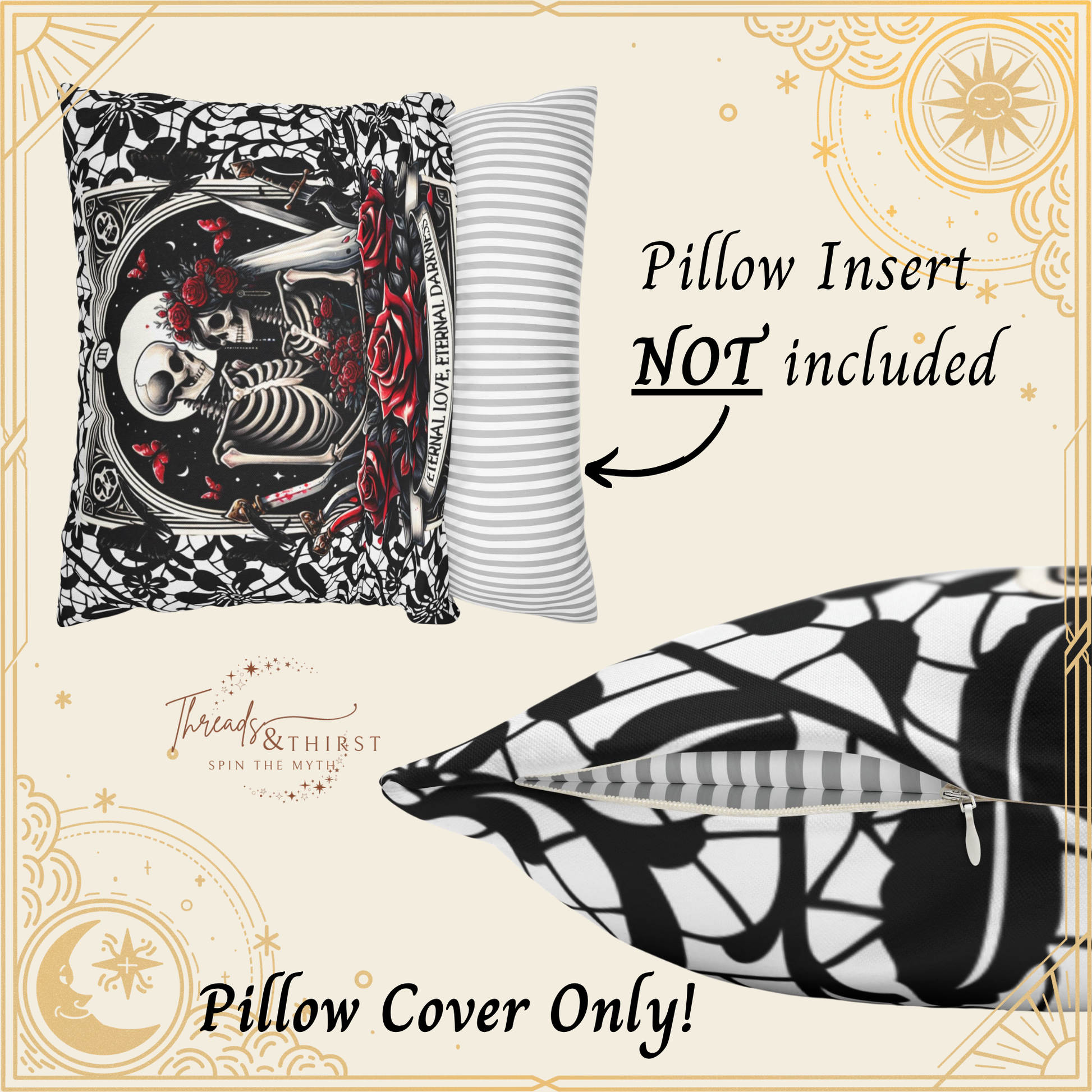 Gothic “Till Death” Tarot Pillow Cover – Haunted Church Scene with Romantic Skeleton Couple – Halloween Gothic Home Décor