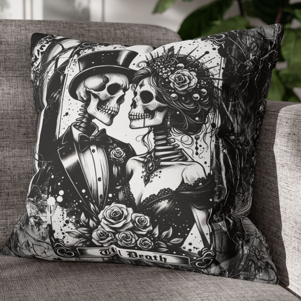 Gothic “Till Death” Tarot Pillow Cover – Haunted Church Scene with Romantic Skeleton Couple – Halloween Gothic Home Décor