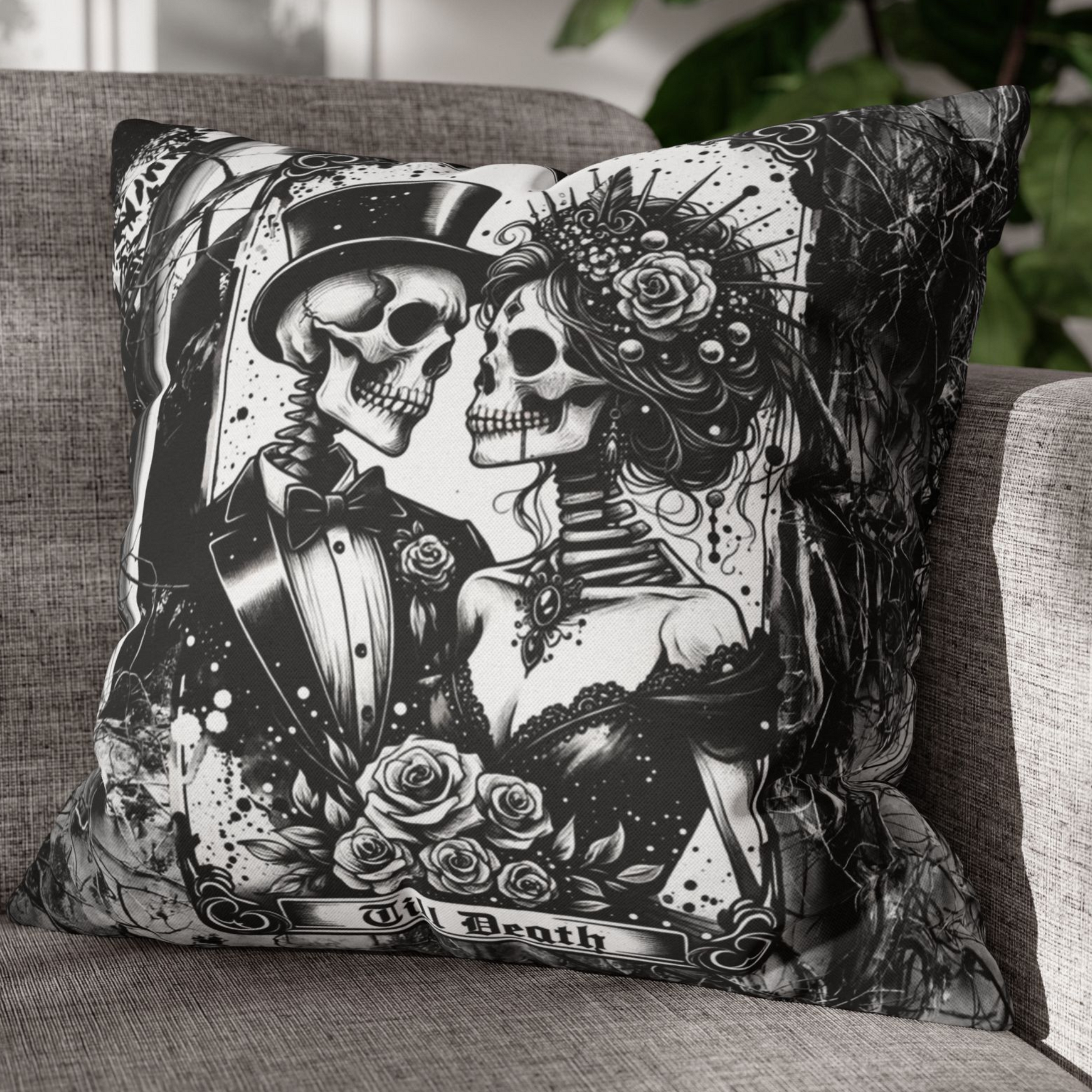 Gothic “Till Death” Tarot Pillow Cover – Haunted Church Scene with Romantic Skeleton Couple – Halloween Gothic Home Décor