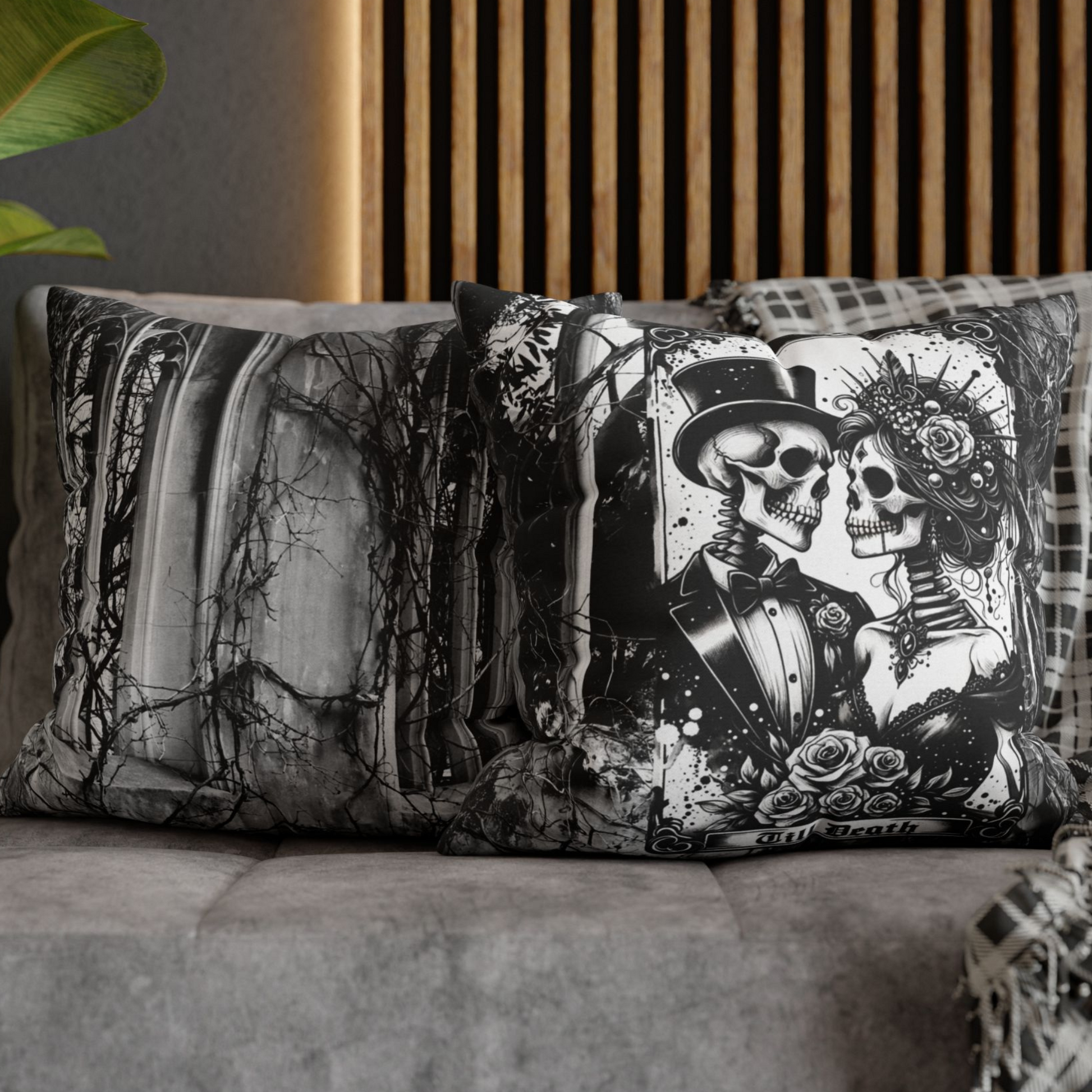 Gothic “Till Death” Tarot Pillow Cover – Haunted Church Scene with Romantic Skeleton Couple – Halloween Gothic Home Décor