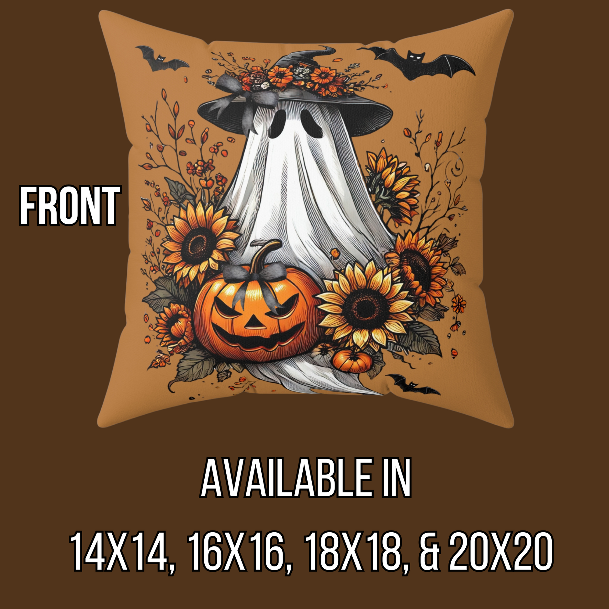 Vintage Boho Halloween Ghost Pillow Cover – Sunflowers & Whimsical Bows – Cozy Fall Decorative Cushion Case