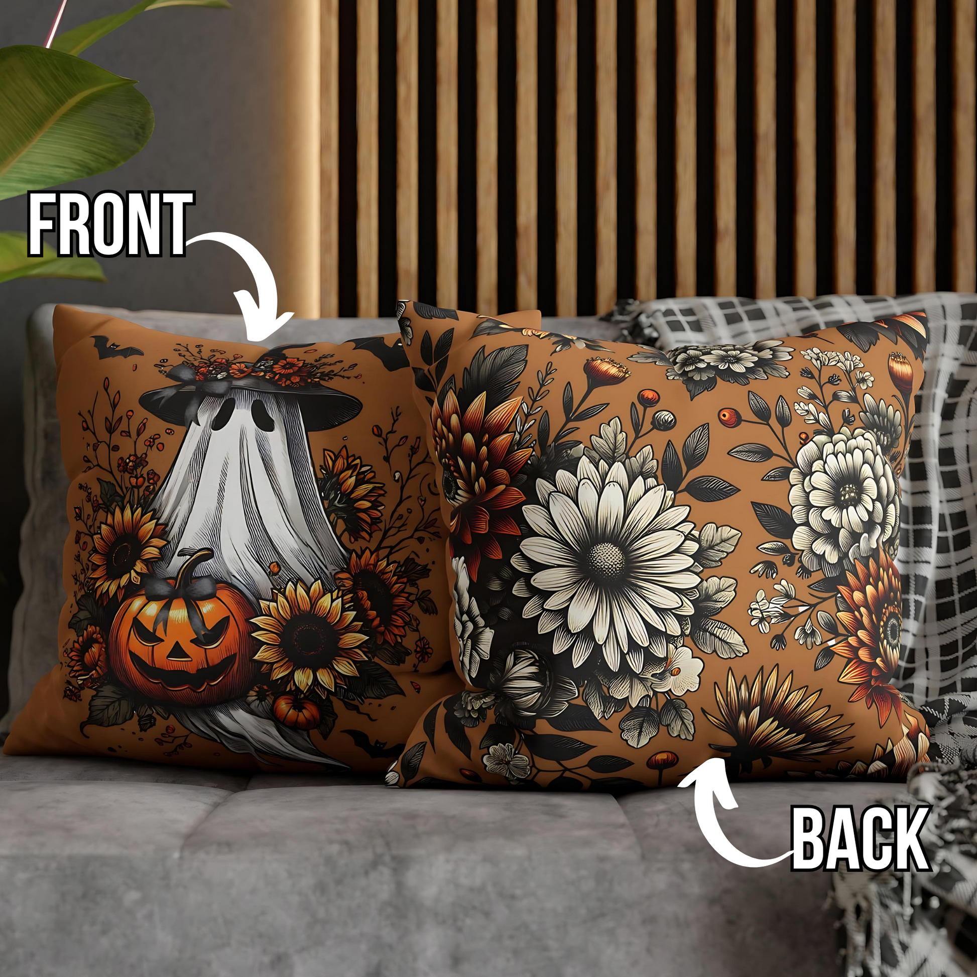 Vintage Boho Halloween Ghost Pillow Cover – Sunflowers & Whimsical Bows – Cozy Fall Decorative Cushion Case