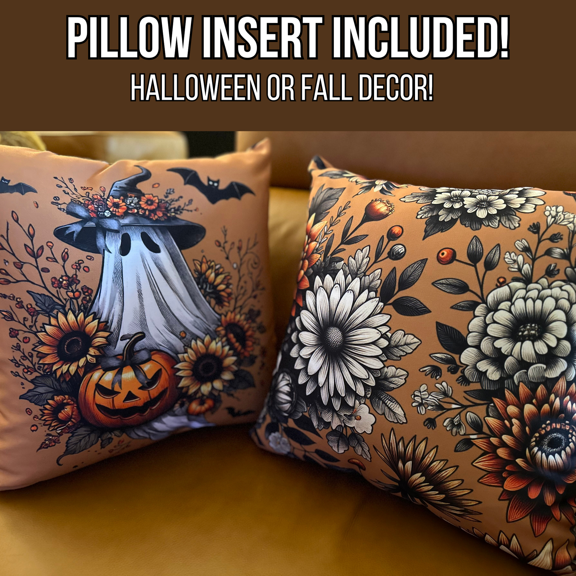 Vintage Boho Halloween Ghost Pillow Cover – Sunflowers & Whimsical Bows – Cozy Fall Decorative Cushion Case