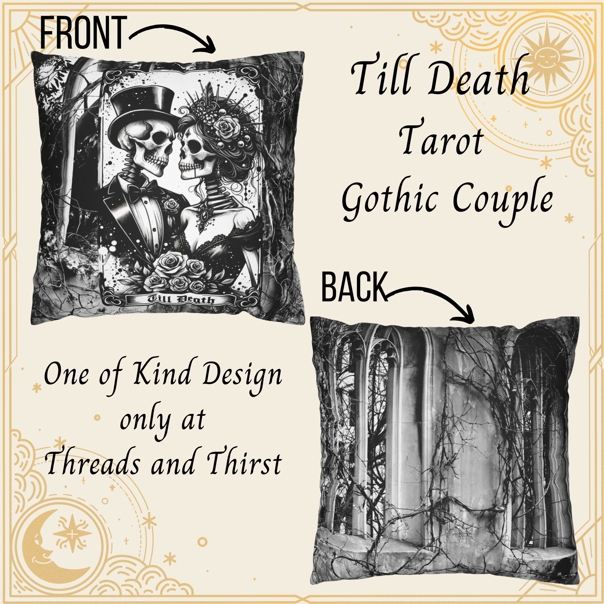 Skeleton Lovers Halloween Tarot Pillow Cover – Gothic Red Roses & Black Lace – Spooky Skeleton Couple Cushion Case