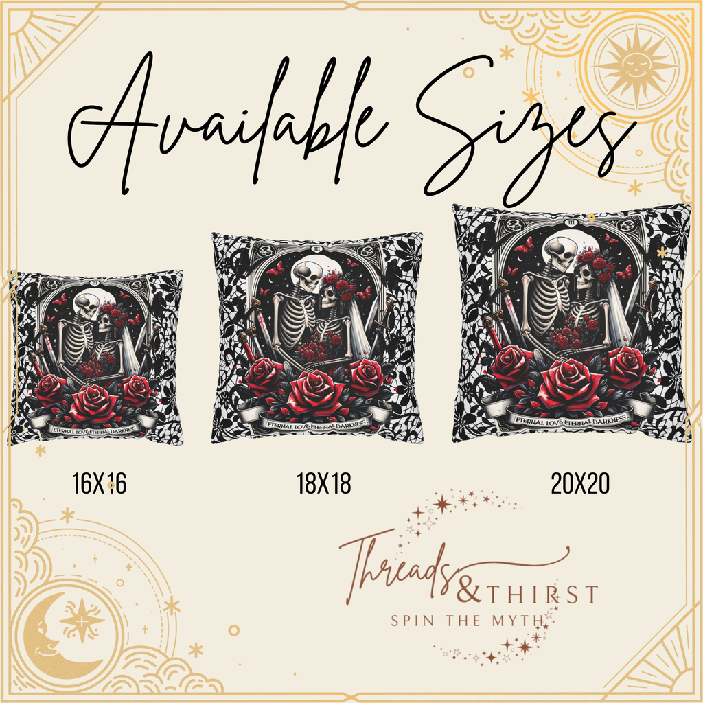 Skeleton Lovers Halloween Tarot Pillow Cover – Gothic Red Roses & Black Lace – Spooky Skeleton Couple Cushion Case