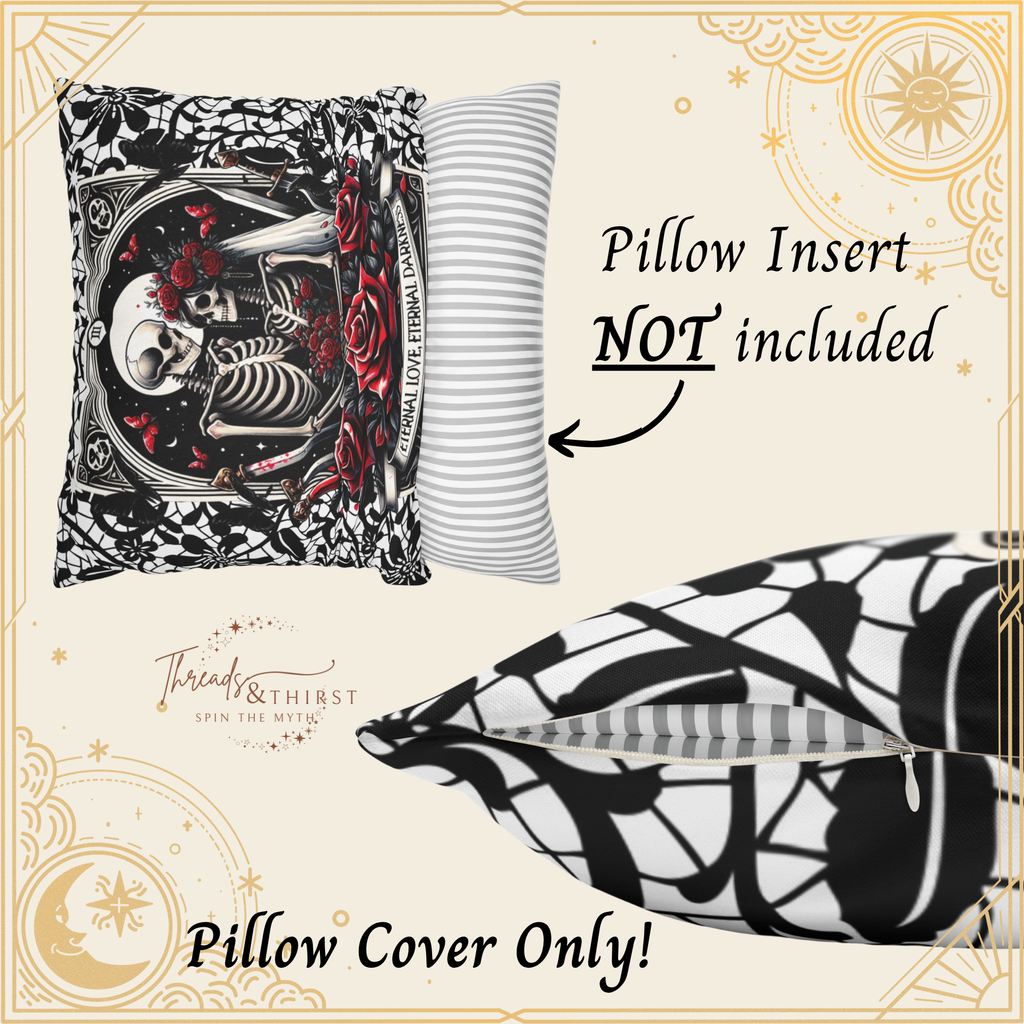 Skeleton Lovers Halloween Tarot Pillow Cover – Gothic Red Roses & Black Lace – Spooky Skeleton Couple Cushion Case