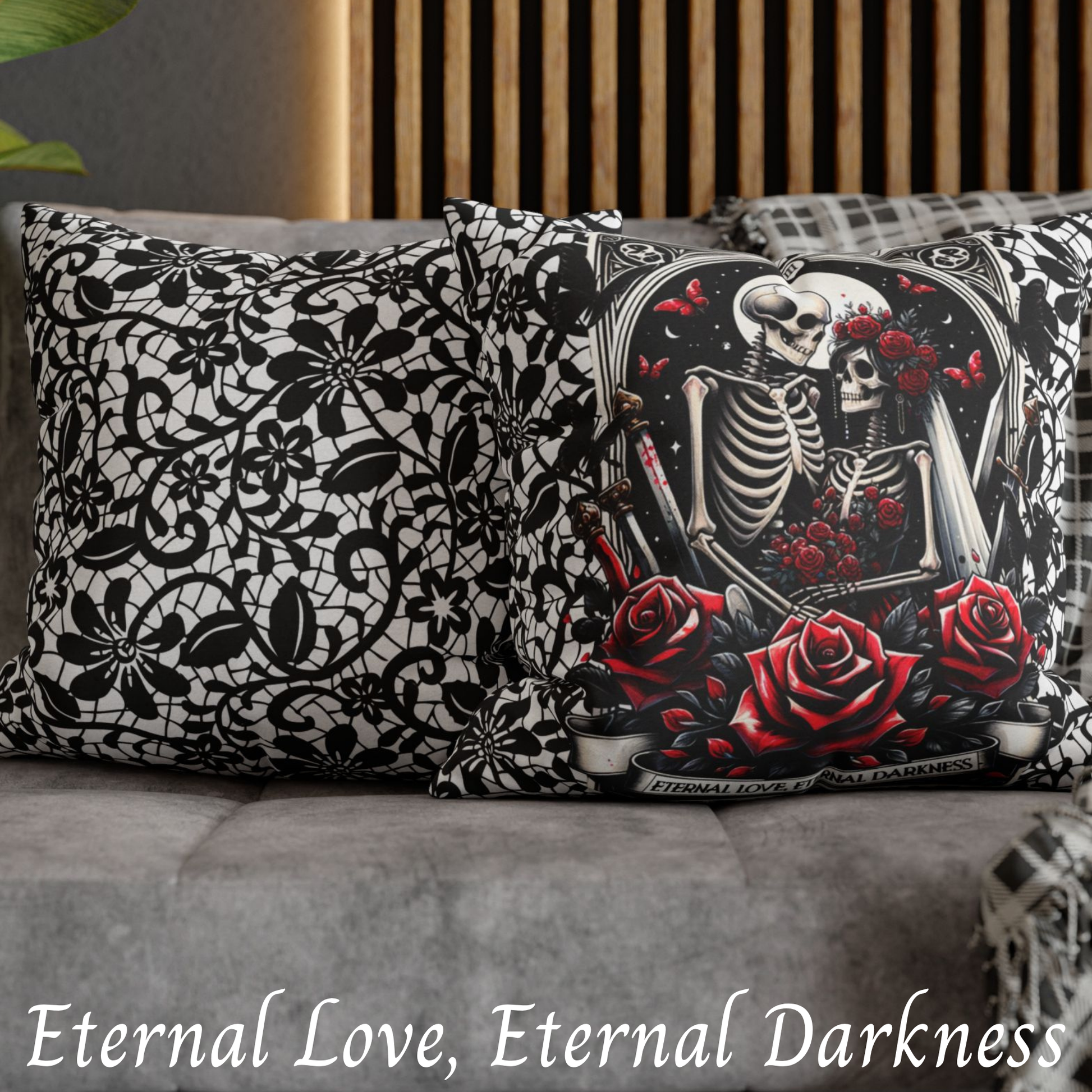 Skeleton Lovers Halloween Tarot Pillow Cover – Gothic Red Roses & Black Lace – Spooky Skeleton Couple Cushion Case