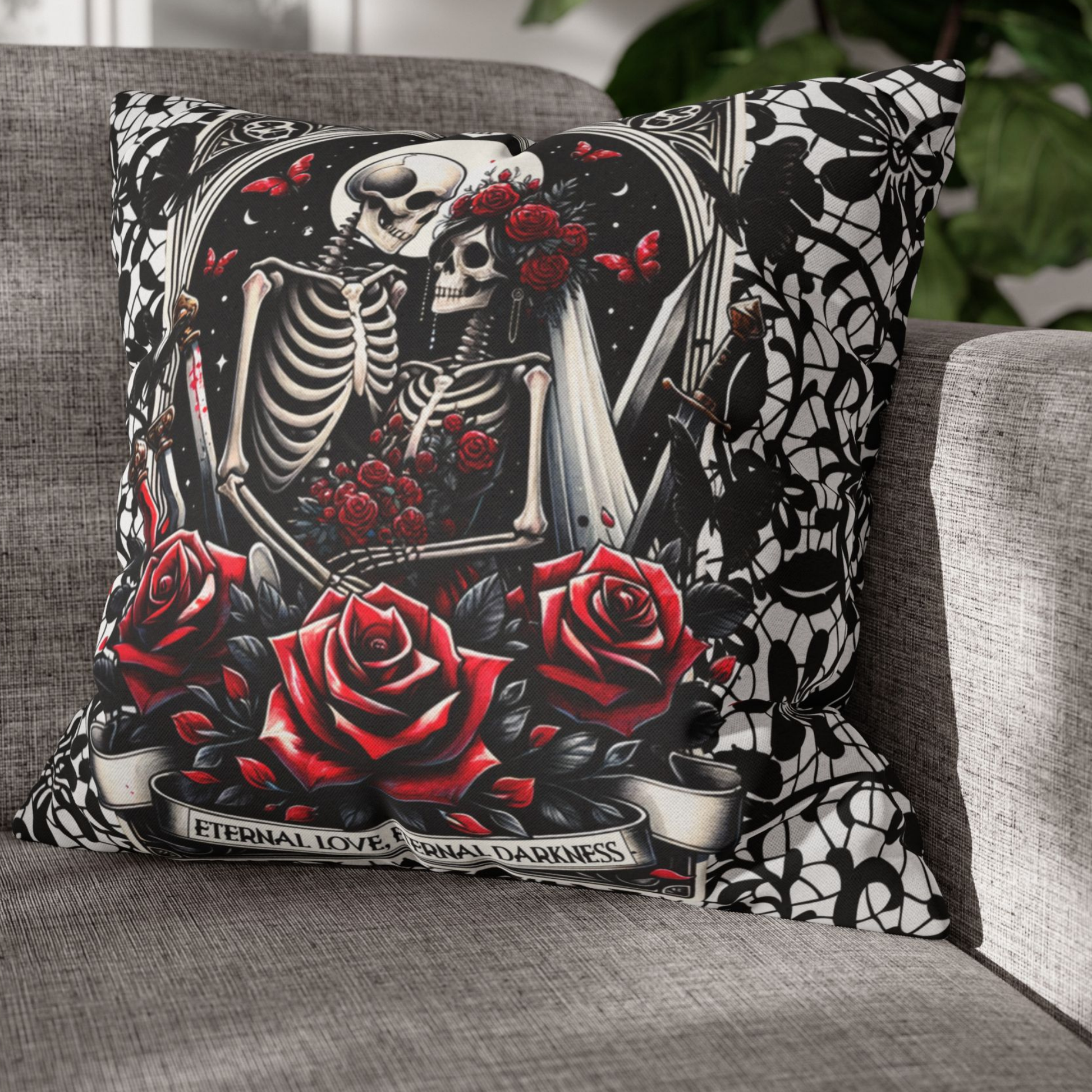 Skeleton Lovers Halloween Tarot Pillow Cover – Gothic Red Roses & Black Lace – Spooky Skeleton Couple Cushion Case