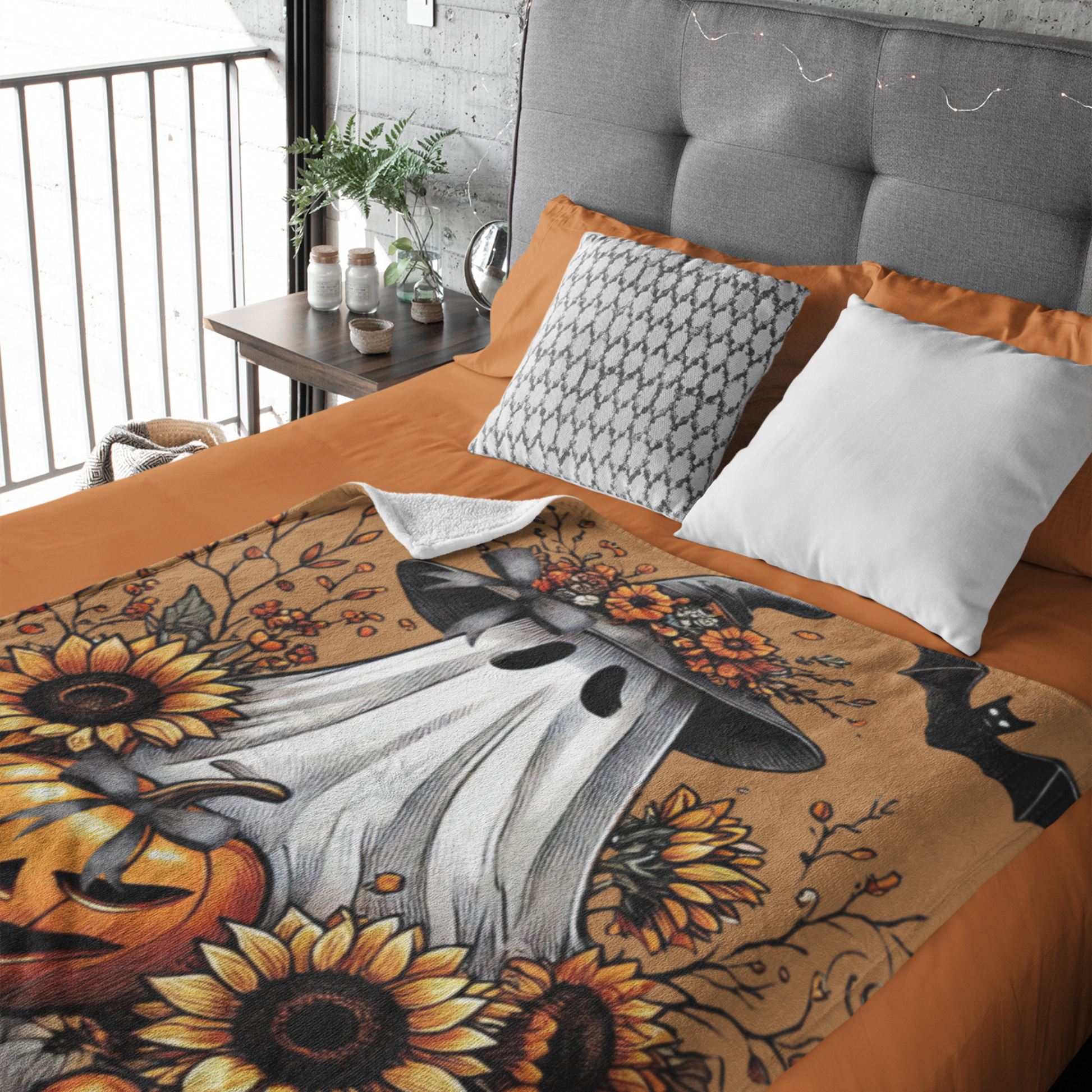 Boho Coquette Halloween Ghost Plush Blanket – Whimsical Autumn Throw for Cozy Fall Nights & Gothic Home Déco