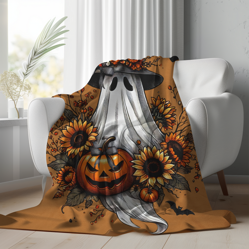 Boho Coquette Halloween Ghost Plush Blanket – Whimsical Autumn Throw for Cozy Fall Nights & Gothic Home Déco