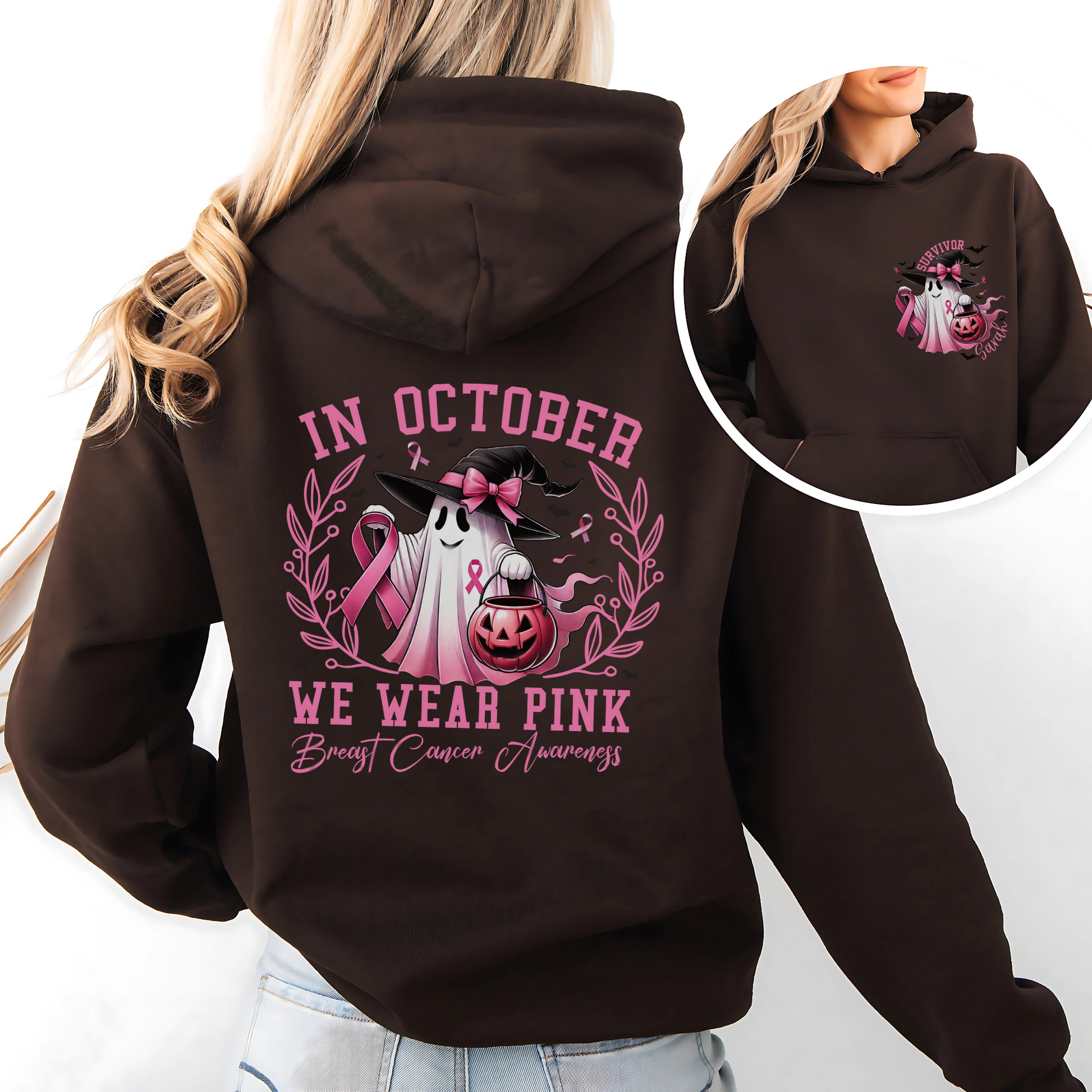 Personalized Pink Ghost Breast Cancer Awareness Hoodie – Survivor Halloween Hoodie – October We Wear Pink Sweatshirt