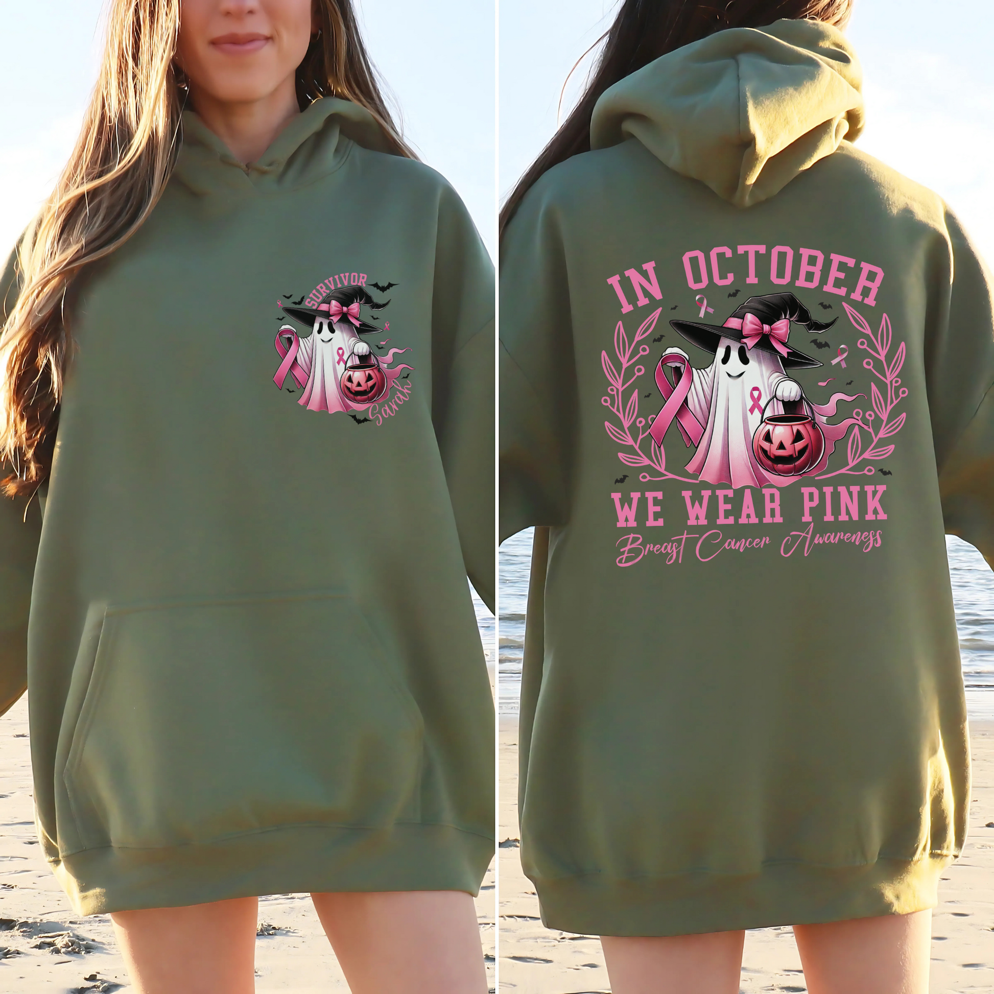 Personalized Pink Ghost Breast Cancer Awareness Hoodie – Survivor Halloween Hoodie – October We Wear Pink Sweatshirt