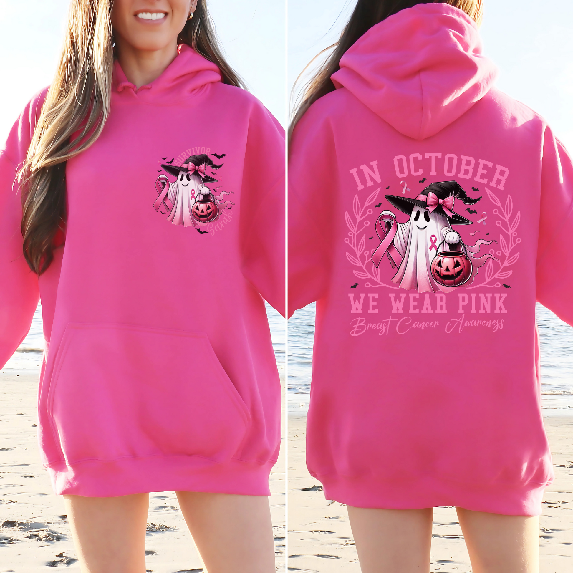 Personalized Pink Ghost Breast Cancer Awareness Hoodie – Survivor Halloween Hoodie – October We Wear Pink Sweatshirt