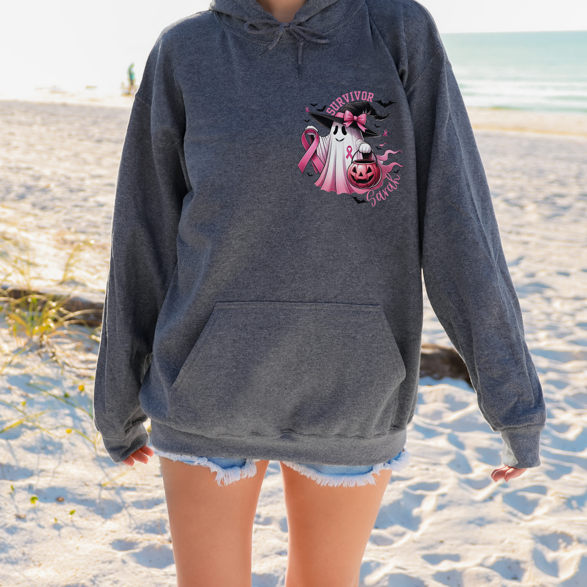 Personalized Pink Ghost Breast Cancer Awareness Hoodie – Survivor Halloween Hoodie – October We Wear Pink Sweatshirt