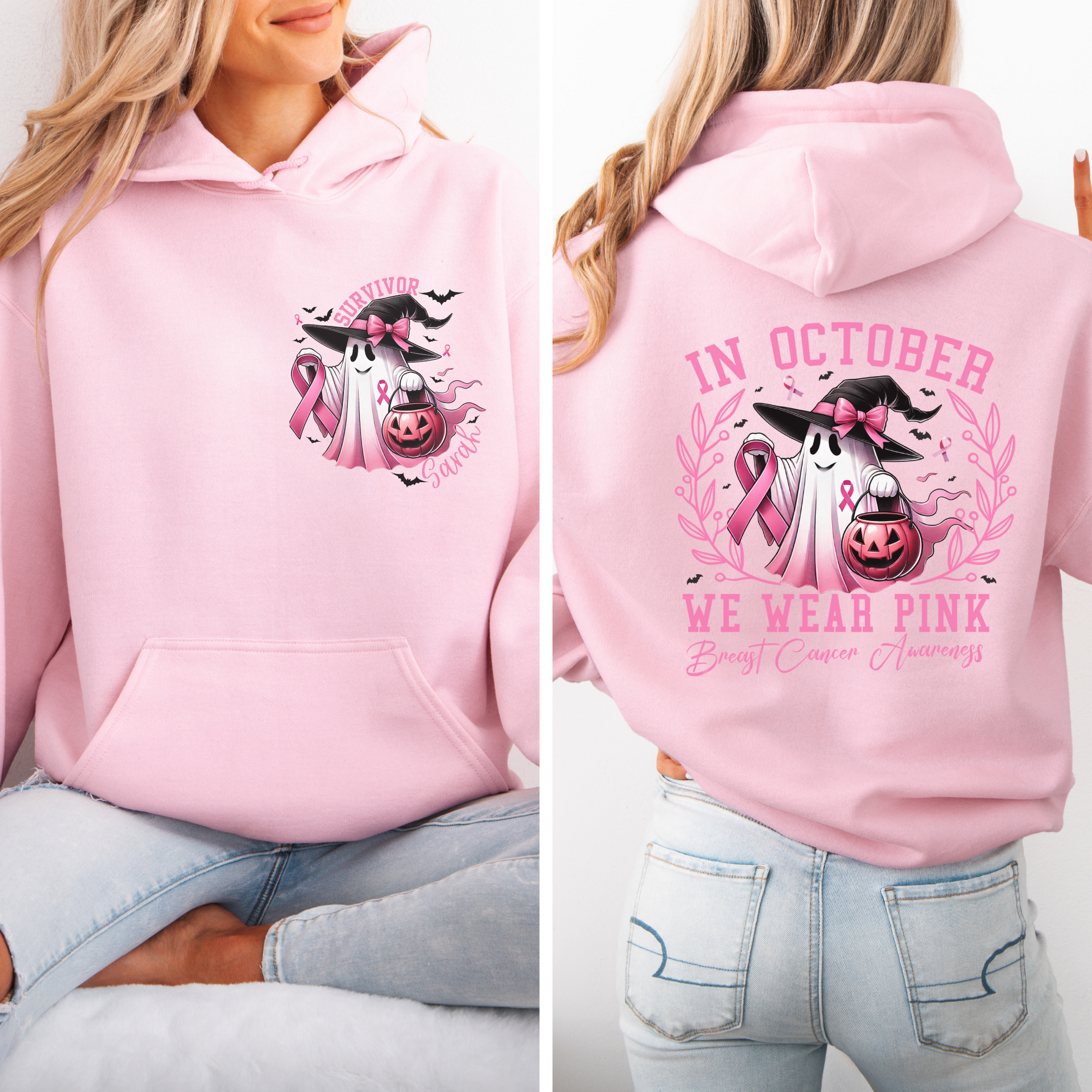 Personalized Pink Ghost Breast Cancer Awareness Hoodie – Survivor Halloween Hoodie – October We Wear Pink Sweatshirt