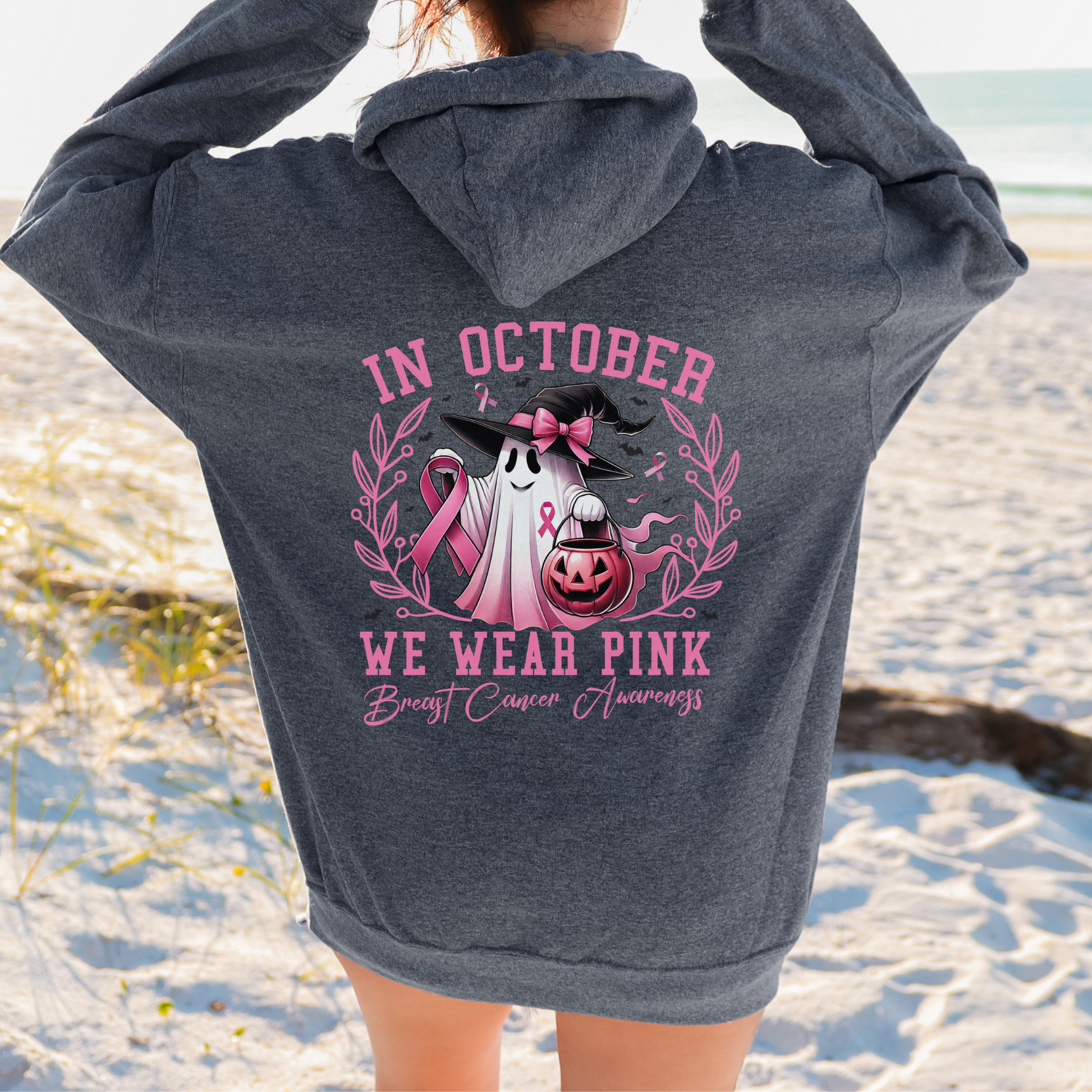 Personalized Pink Ghost Breast Cancer Awareness Hoodie – Survivor Halloween Hoodie – October We Wear Pink Sweatshirt