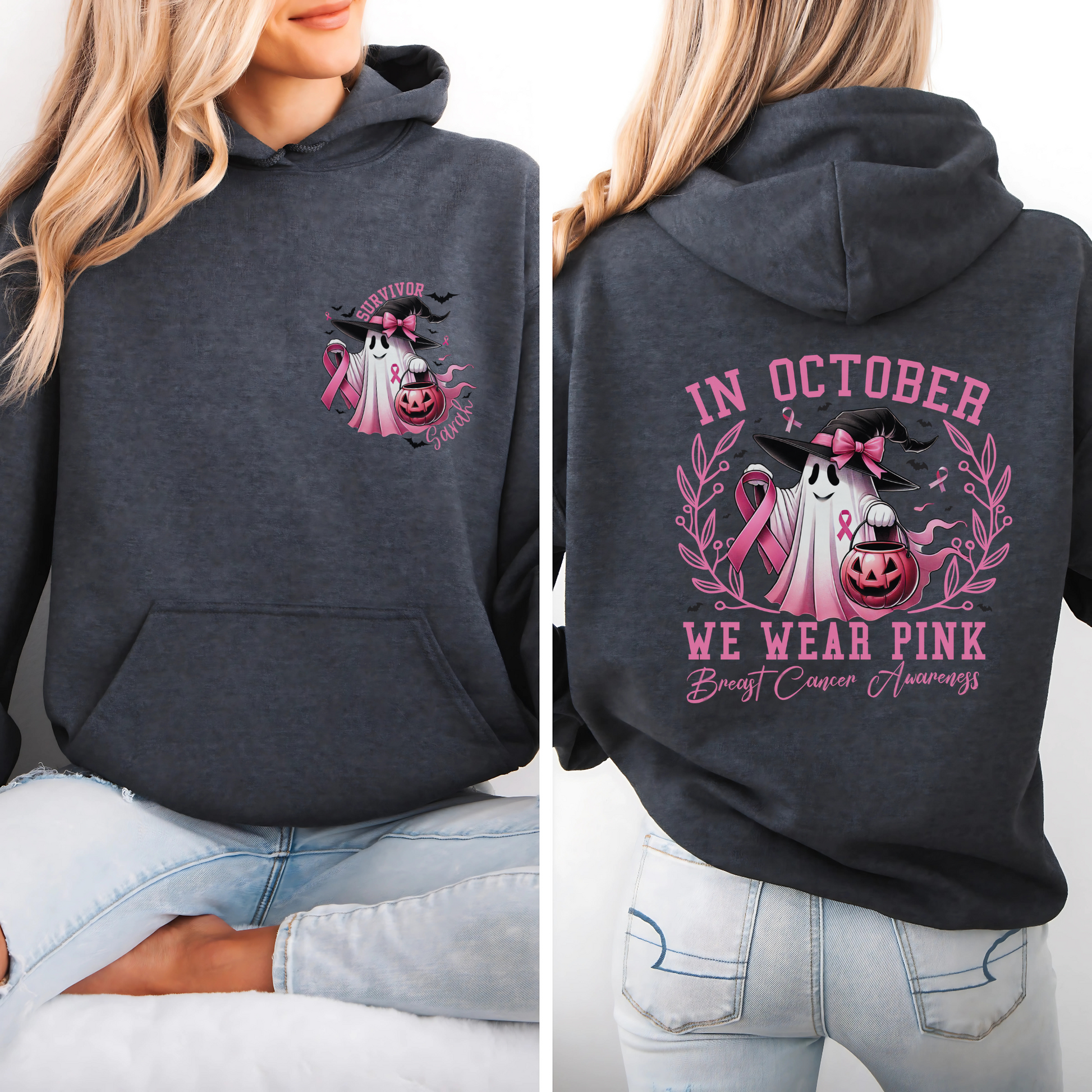Personalized Pink Ghost Breast Cancer Awareness Hoodie – Survivor Halloween Hoodie – October We Wear Pink Sweatshirt