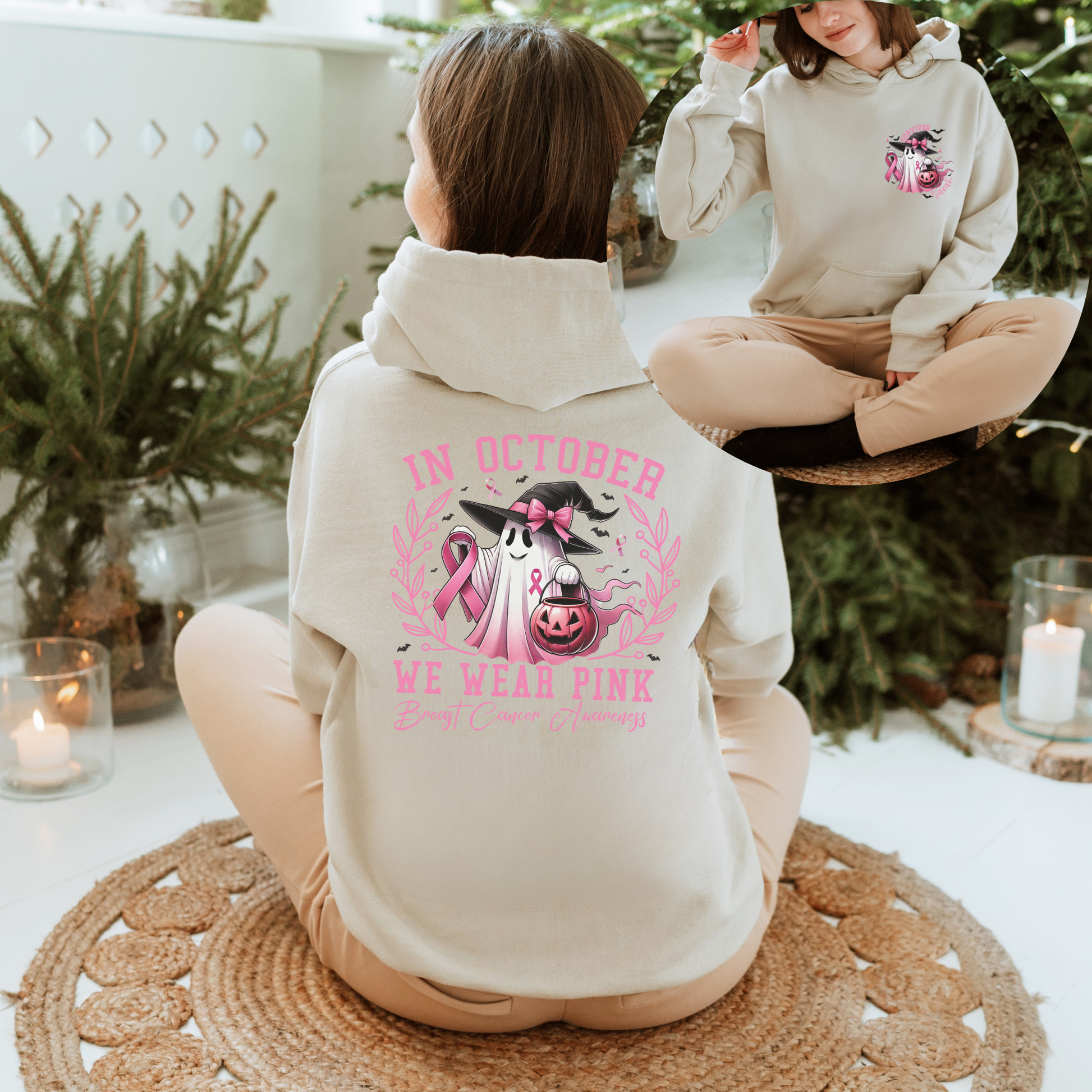 Personalized Pink Ghost Breast Cancer Awareness Hoodie – Survivor Halloween Hoodie – October We Wear Pink Sweatshirt