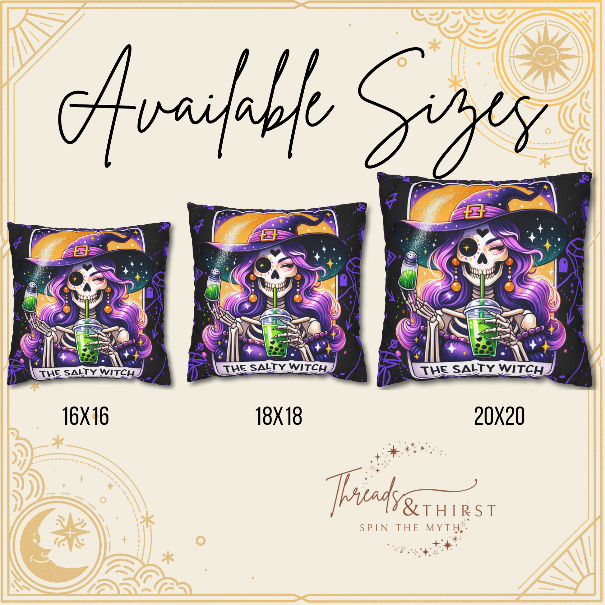 Salty Witch Tarot Pillow Cover – Halloween Skeleton Witch Decor – Witchy Throw Cover – No Insert Included