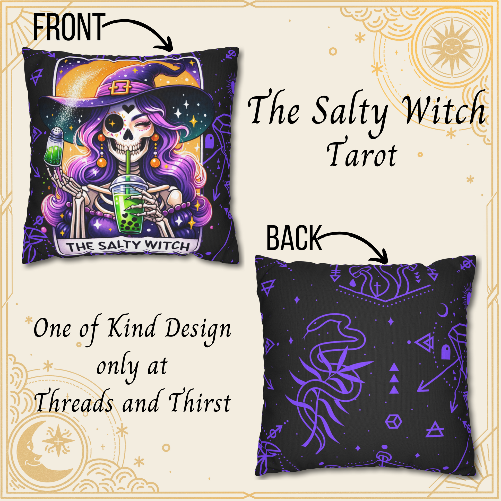 Salty Witch Tarot Pillow Cover – Halloween Skeleton Witch Decor – Witchy Throw Cover – No Insert Included