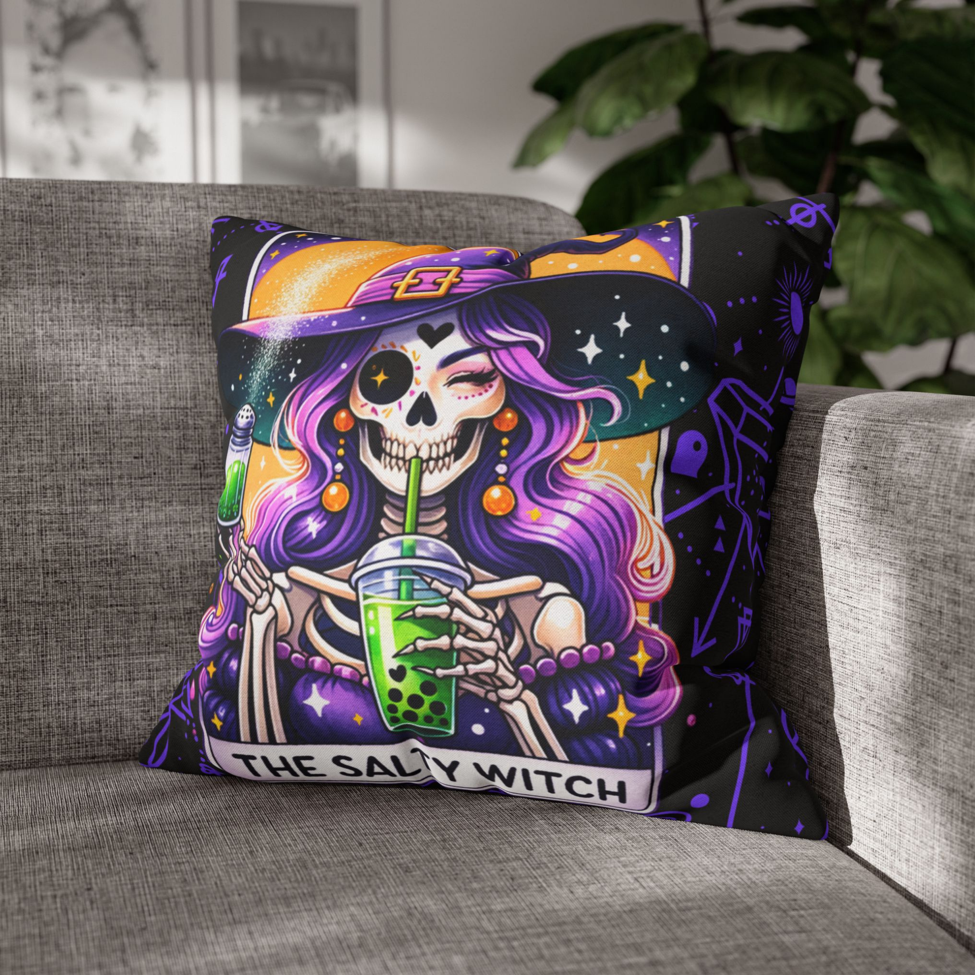Salty Witch Tarot Pillow Cover – Halloween Skeleton Witch Decor – Witchy Throw Cover – No Insert Included