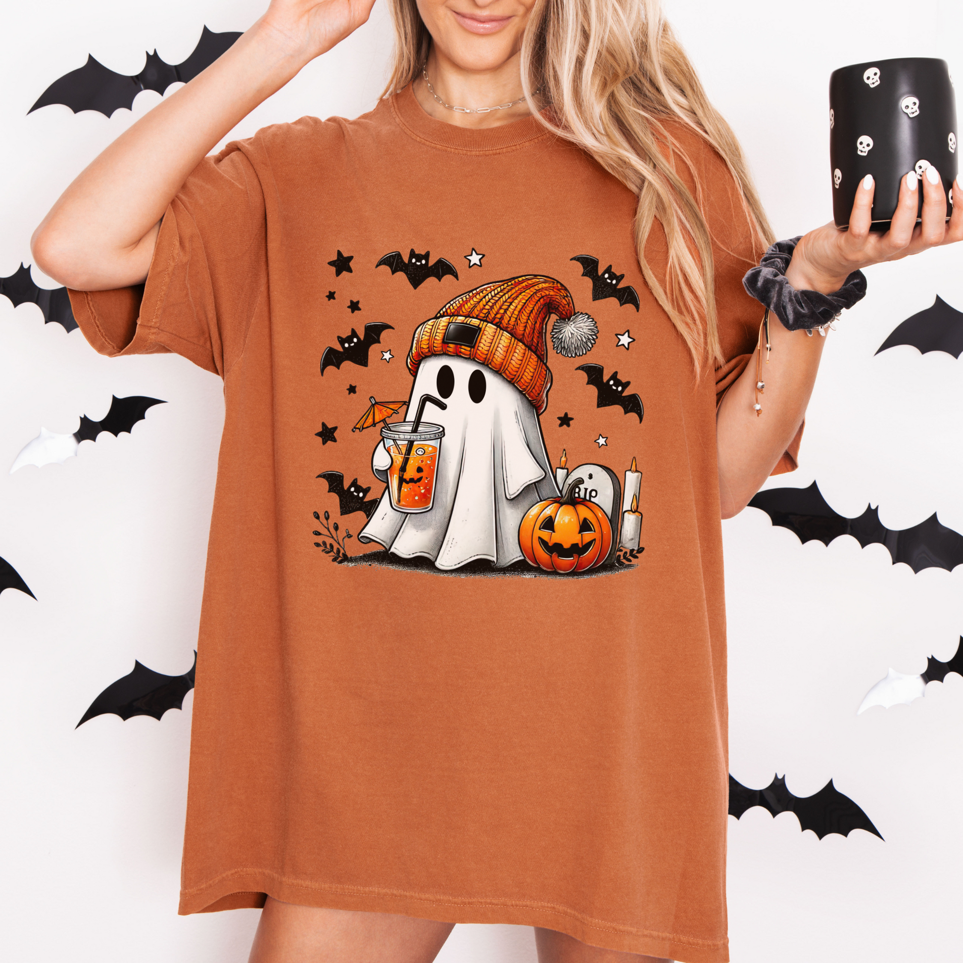 Pumpkin Spice Ghost Tee – Cozy Fall Vibes + Iced Coffee Halloween Shirt