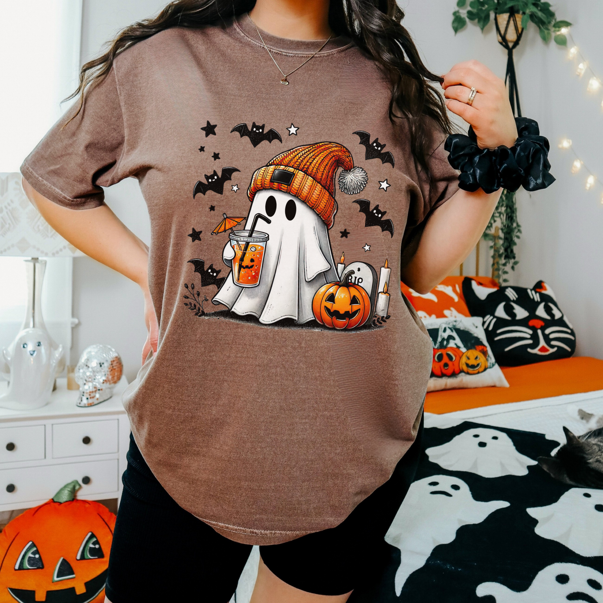 Pumpkin Spice Ghost Tee – Cozy Fall Vibes + Iced Coffee Halloween Shirt