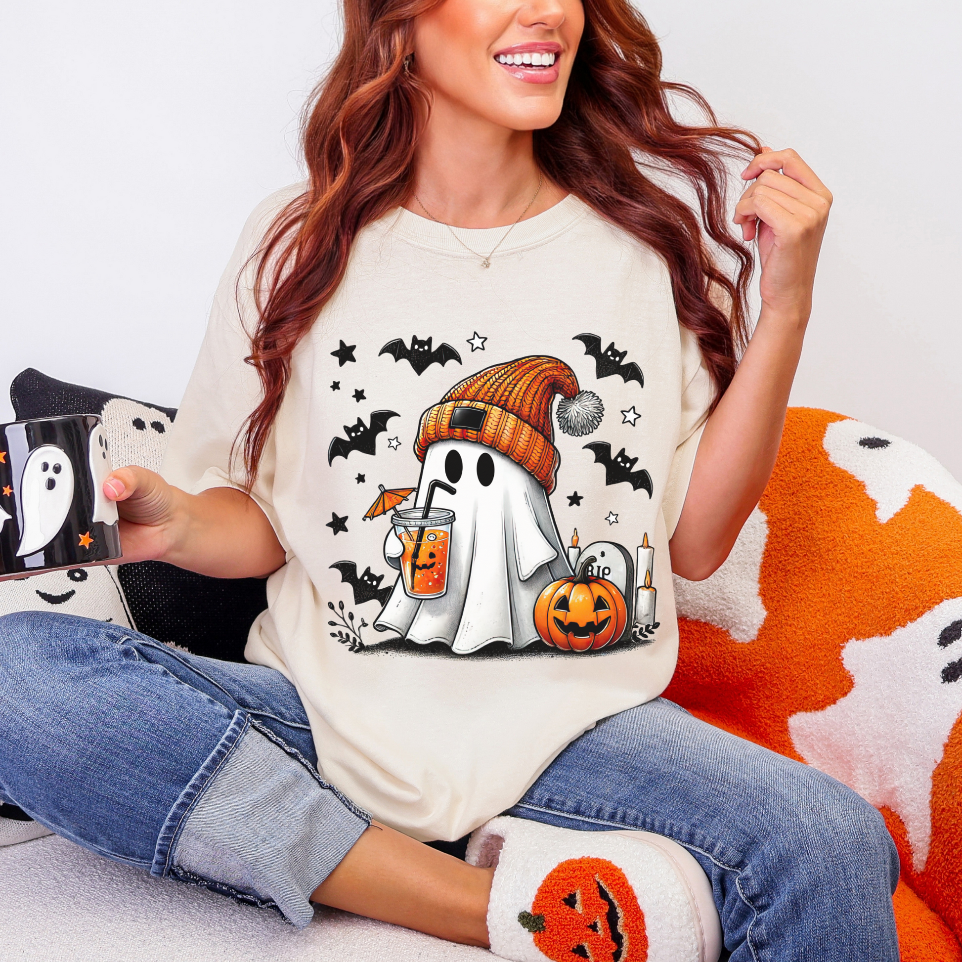 Pumpkin Spice Ghost Tee – Cozy Fall Vibes + Iced Coffee Halloween Shirt