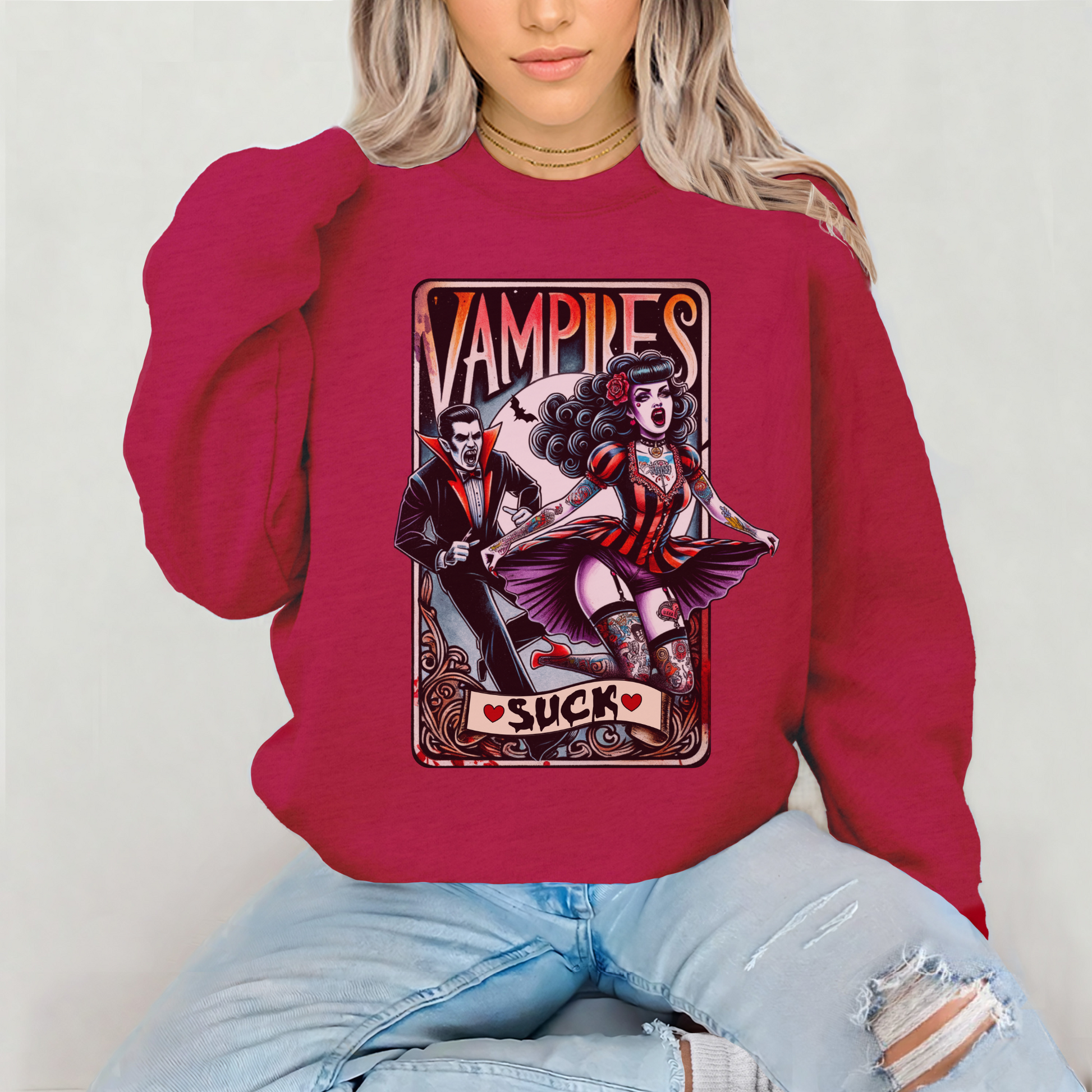 Vintage Horror Movie Tarot Sweatshirt, Vampires Suck Crewneck, Gothic Halloween Pullover, Vampire Pinup Sweatshirt, Spooky Goth Sweater