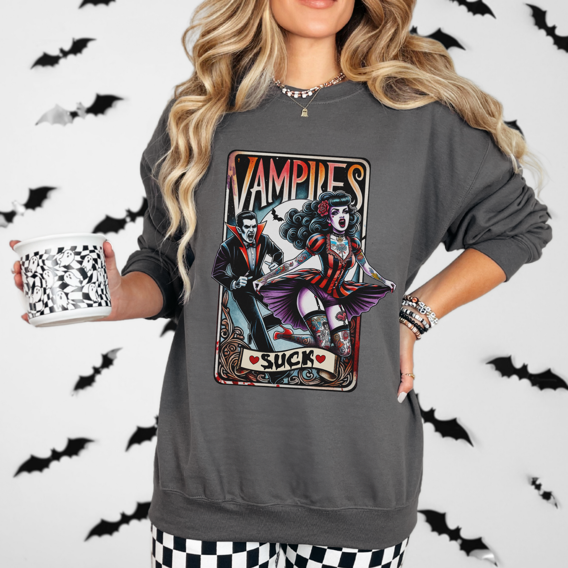 Vintage Horror Movie Tarot Sweatshirt, Vampires Suck Crewneck, Gothic Halloween Pullover, Vampire Pinup Sweatshirt, Spooky Goth Sweater