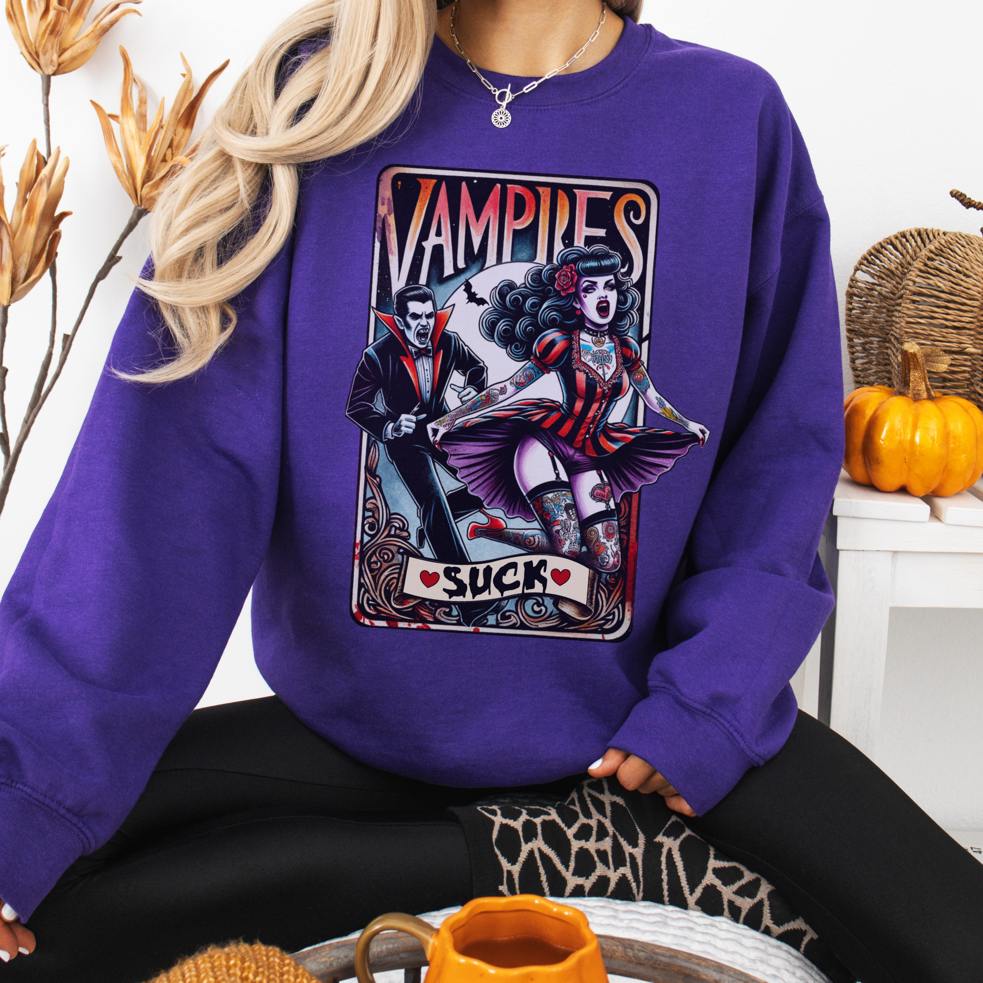 Vintage Horror Movie Tarot Sweatshirt, Vampires Suck Crewneck, Gothic Halloween Pullover, Vampire Pinup Sweatshirt, Spooky Goth Sweater