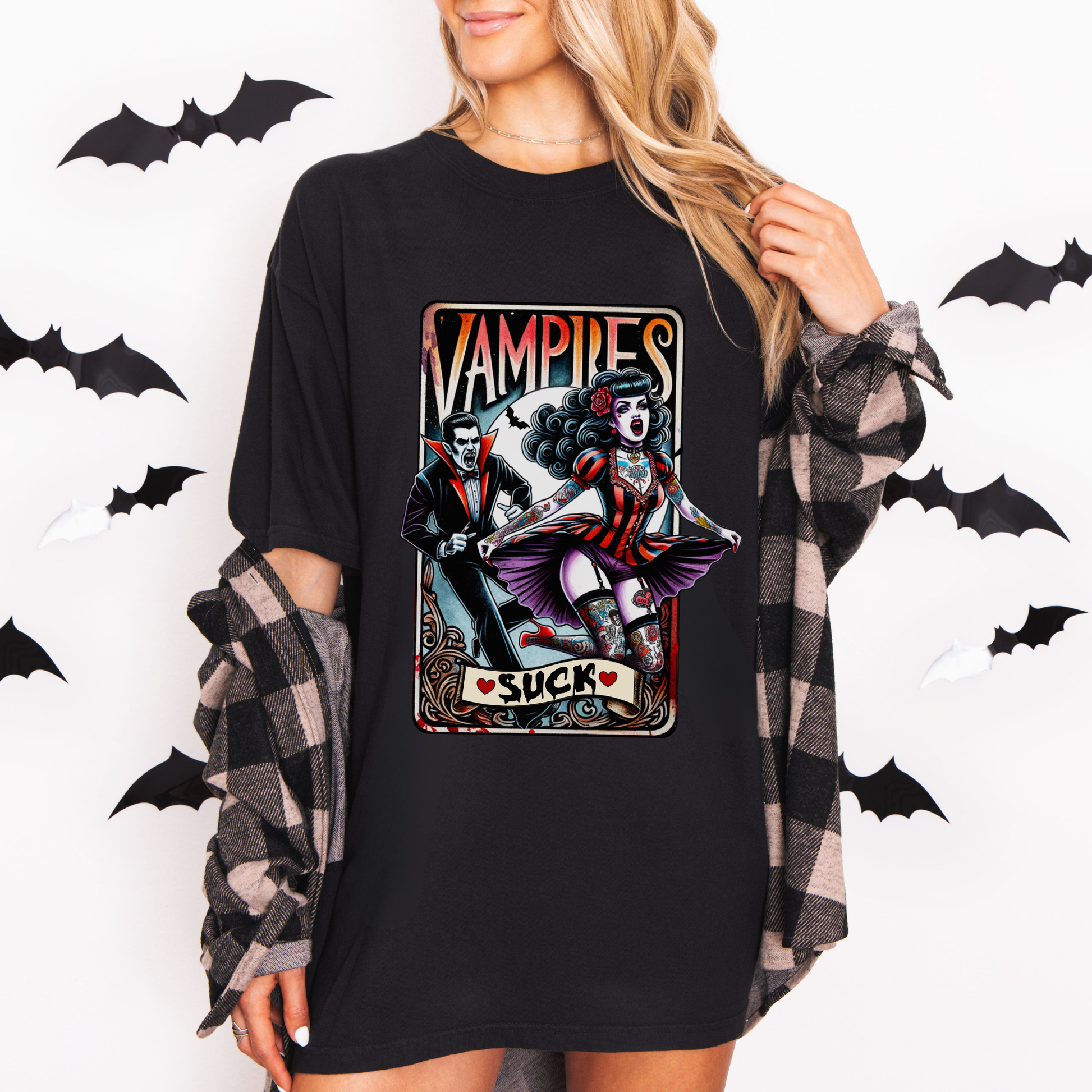 Vintage Horror Movie Tarot Card Shirt, Vampires Suck Tee, Halloween Pinup Shirt, Gothic Vampire Shirt, Comfort Colors 1717 Tee