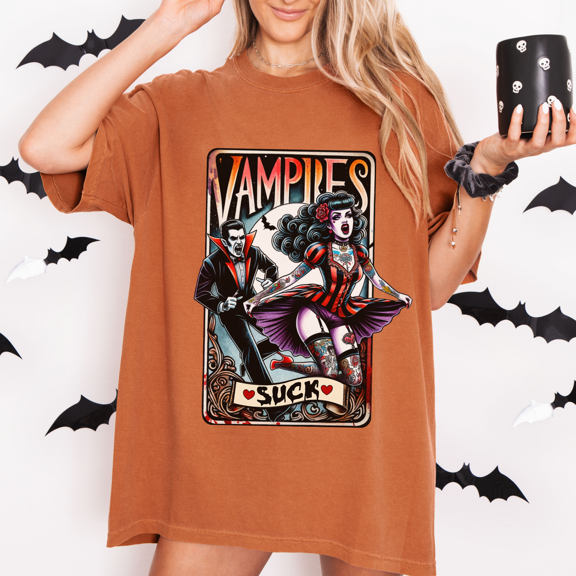 Vintage Horror Movie Tarot Card Shirt, Vampires Suck Tee, Halloween Pinup Shirt, Gothic Vampire Shirt, Comfort Colors 1717 Tee