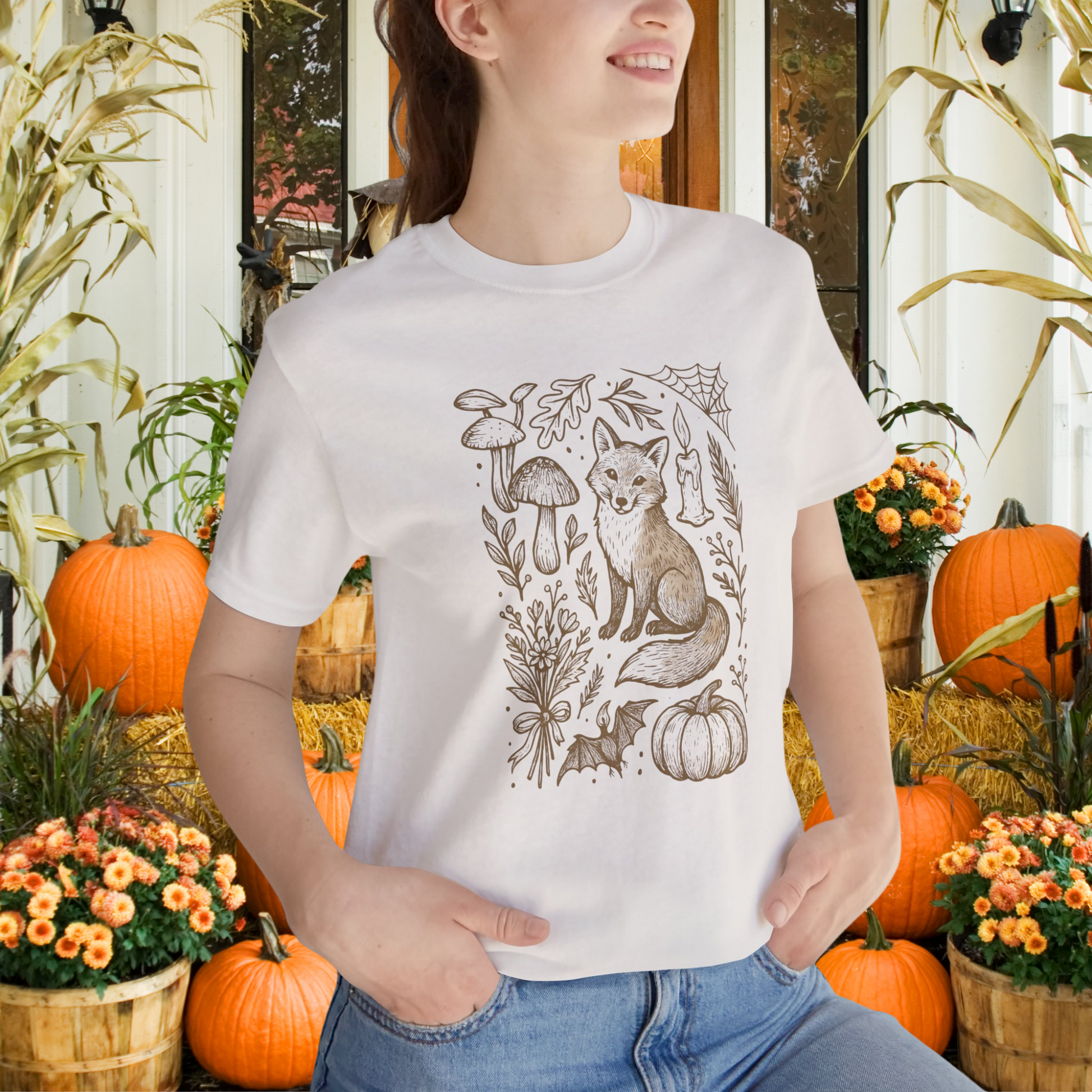 Doodle Fall Fox Shirt, Halloween Doodle Tee, Woodland Pumpkin T-Shirt, Autumn Fox & Mushroom Design