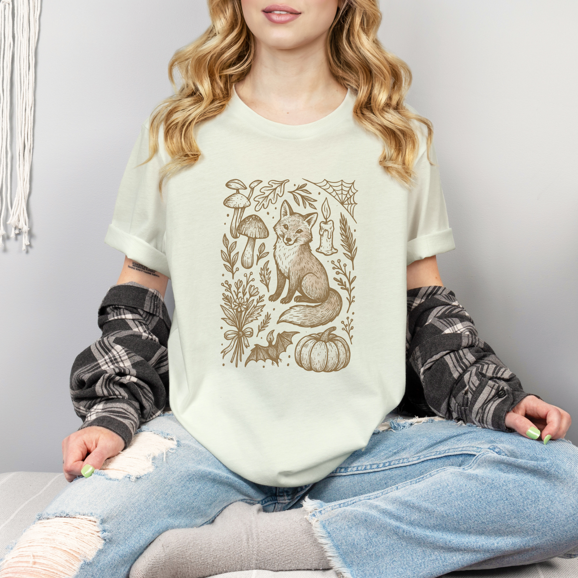 Doodle Fall Fox Shirt, Halloween Doodle Tee, Woodland Pumpkin T-Shirt, Autumn Fox & Mushroom Design