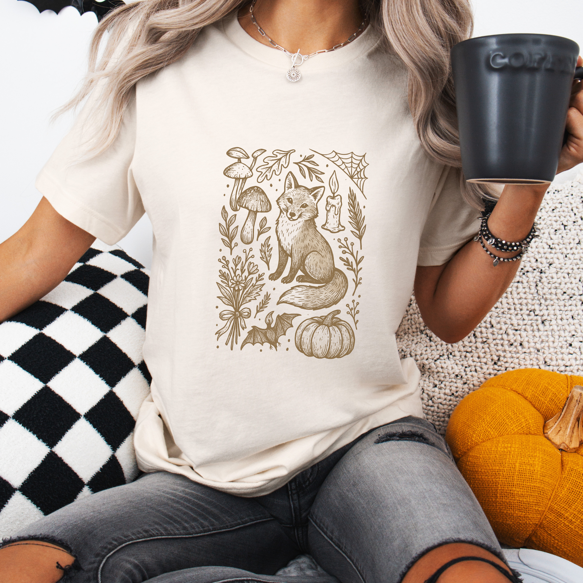 Doodle Fall Fox Shirt, Halloween Doodle Tee, Woodland Pumpkin T-Shirt, Autumn Fox & Mushroom Design